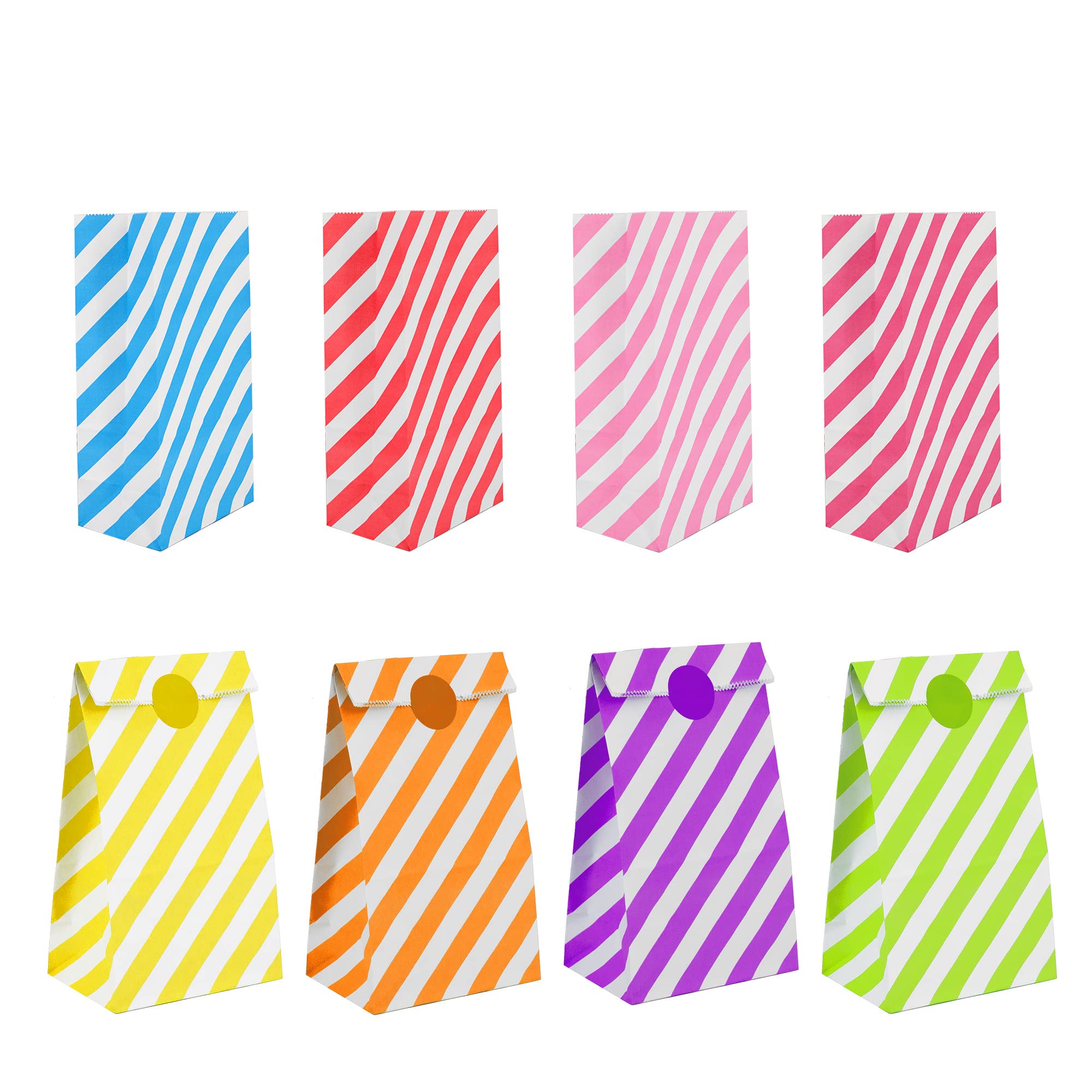 Time to Sparkle 20PCS Party Bag Kraft Paper with 24 Stickers Kids Party Gift Sweet Bags for Class Party Favors Girls Boys Birthday Wedding Christmas Halloween, 130X80X240mm, Stripe-Colourful