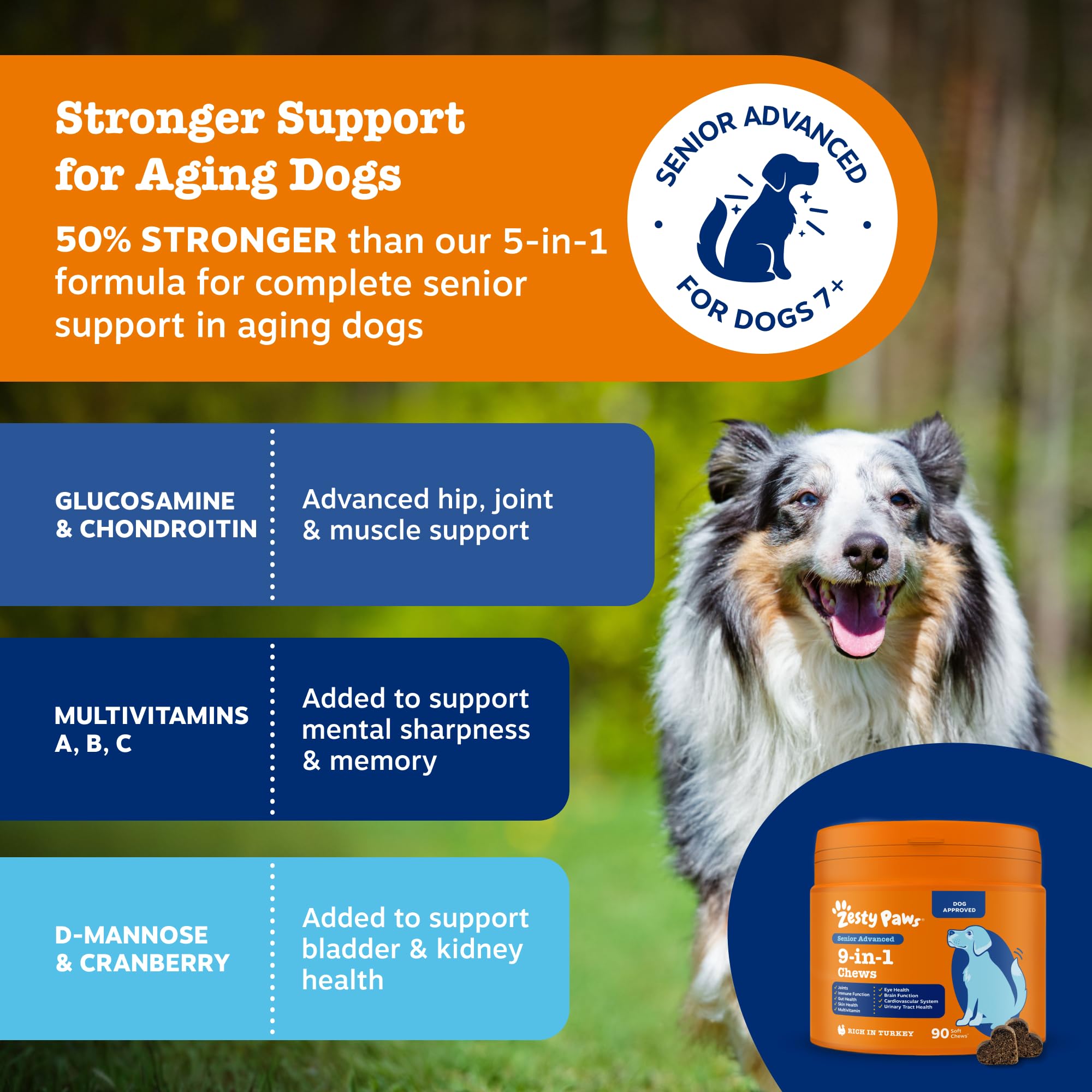 Zesty Paws 9 in 1 Multivitamins for Senior Dogs, Rich in Turkey, 90 Chews