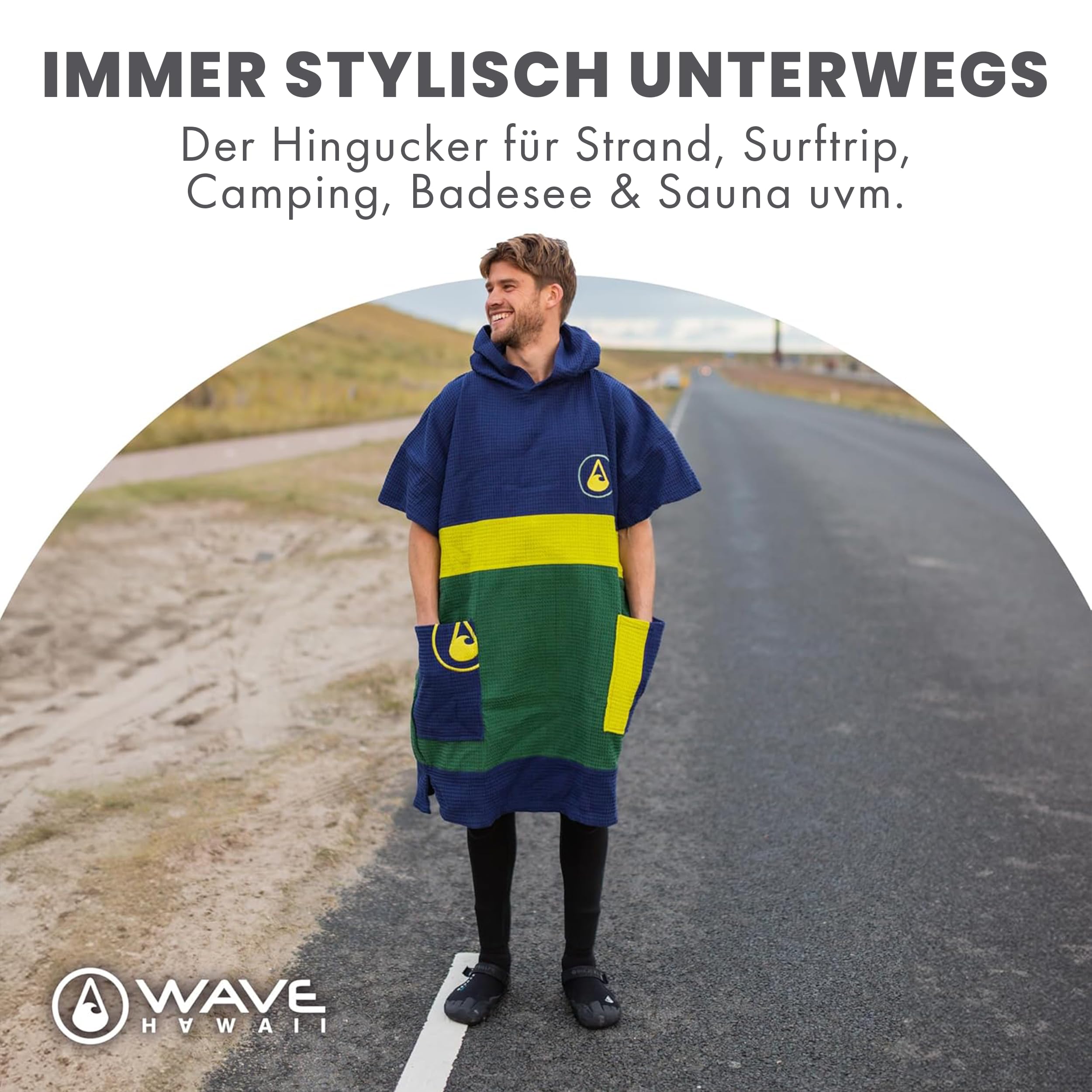 WAVE HAWAII Bade-Poncho Damen & Herren Pampatar, Größe L/XL, 165-195cm, 100% Baumwolle Surf-Poncho Erwachsene, Travel-Handtuch mit hoher Wasserabsorption, Umziehhilfe Strand Erwachsene