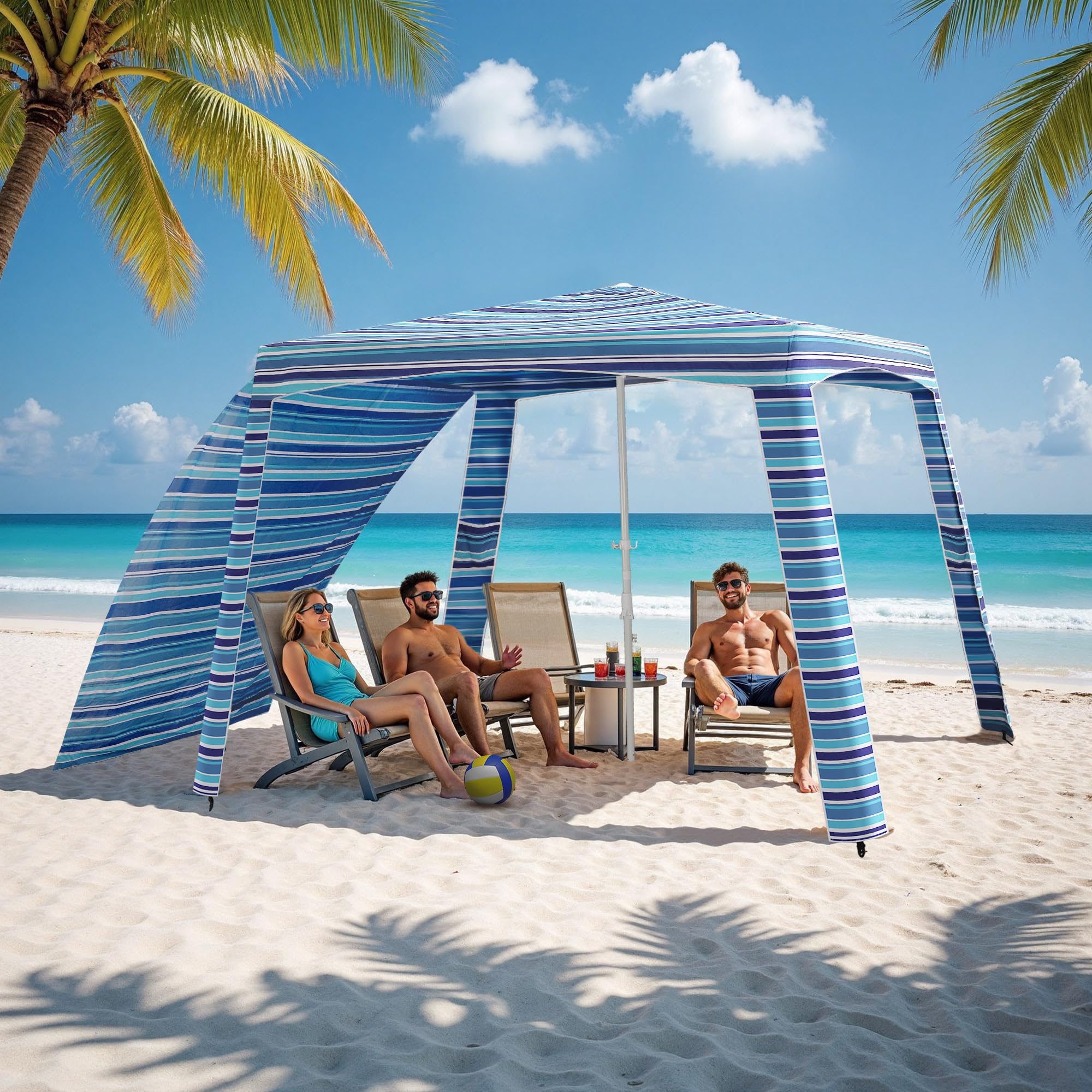 Beach Cabana-6.6x6.6’Beach Canopy with Side Wall,Portable Umbrella Tent with Sand Pockets for Family & Friends,Easy Up Beach Sun Shelter for Outdoor Patios,Backyards,and Camping,Stripe — image 1