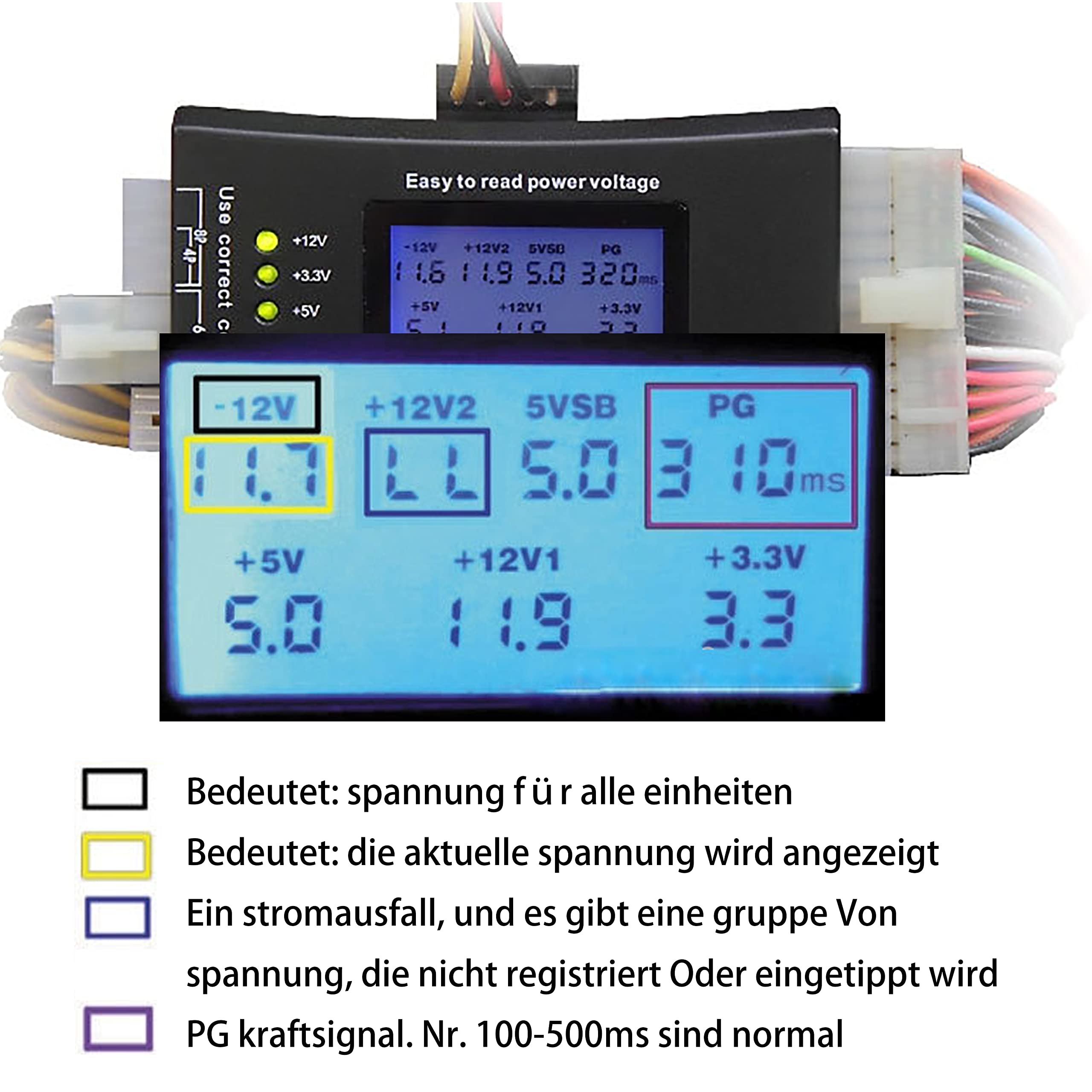 Tester Alimentatore PC Con Display LCD - 20/24 Pin, 4/6/8 Pin - Per SATA, IDE, HDD, ATX, ITX - Diagnostica Tensione Con Allarme Acustico - 4