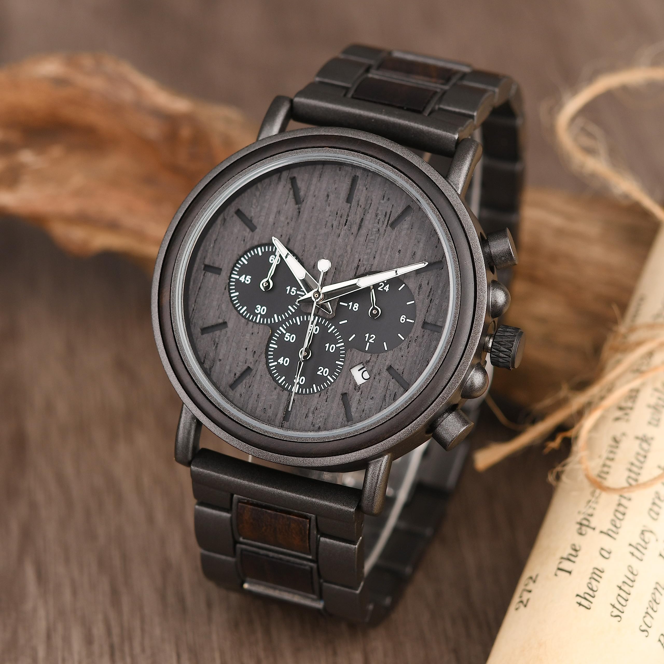 Personalisierte Herren-Holzuhr mit Gravur, Geburtstag, Jubiläum oder zu Weihnachten, Chronograph, Datumsanzeige und Leuchtzeigern