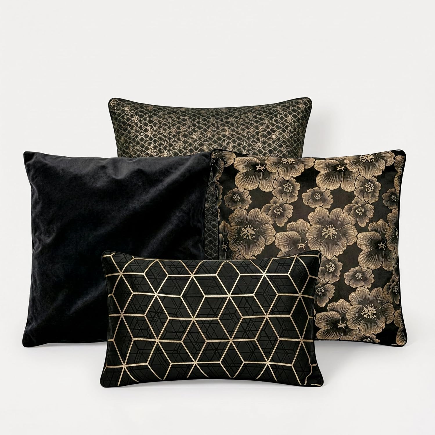 Black and gold velvet geometric throw pillows