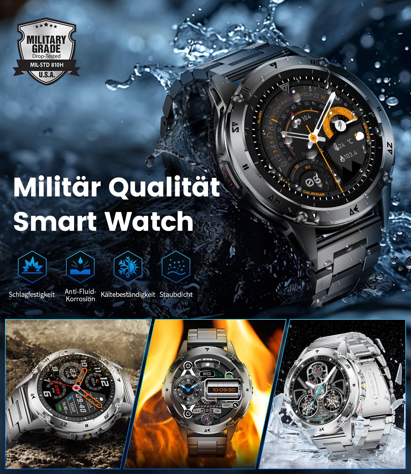 FITFLEX Smartwatch Herren Militär mit Telefonfunktion, 1,43'' AMOLED Smart Watch mit 530mAh Akku, Taschenlampe, Herzfrequenz, Schlafmonitor, 120+Sportmodi IP68 Wasserdicht Sportuhr für Android iOS