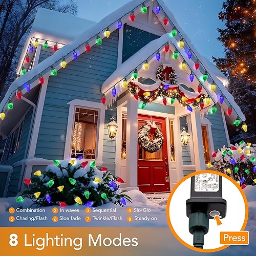 Miniatura 2 de Luces LED C9 de Navidad para exteriores, 33 pies, 50 LED, 8 modos de iluminación, impermeables, conectables, tira de luces de Navidad para