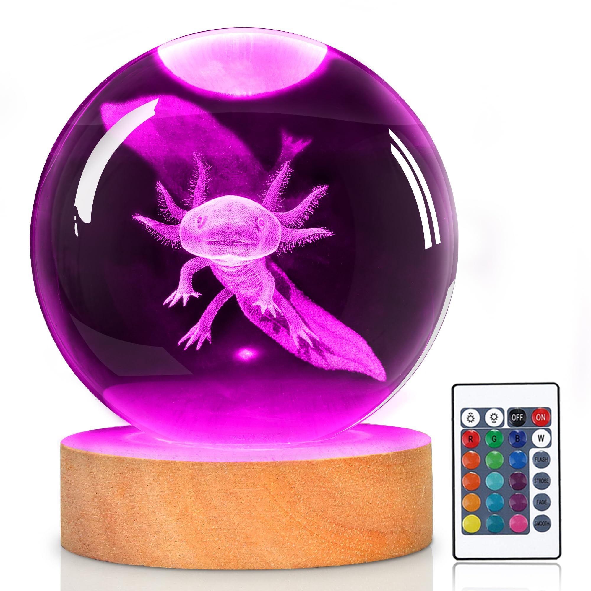 OkiyiD 3D Axolotl Kristallkugel Nachtlicht Mit Fernbedienung, Glaskugellampen für Freund Geburtstag Urlaub, Cool Spielzeug Deko Geschenke für Jungen Mädchen Kinder
