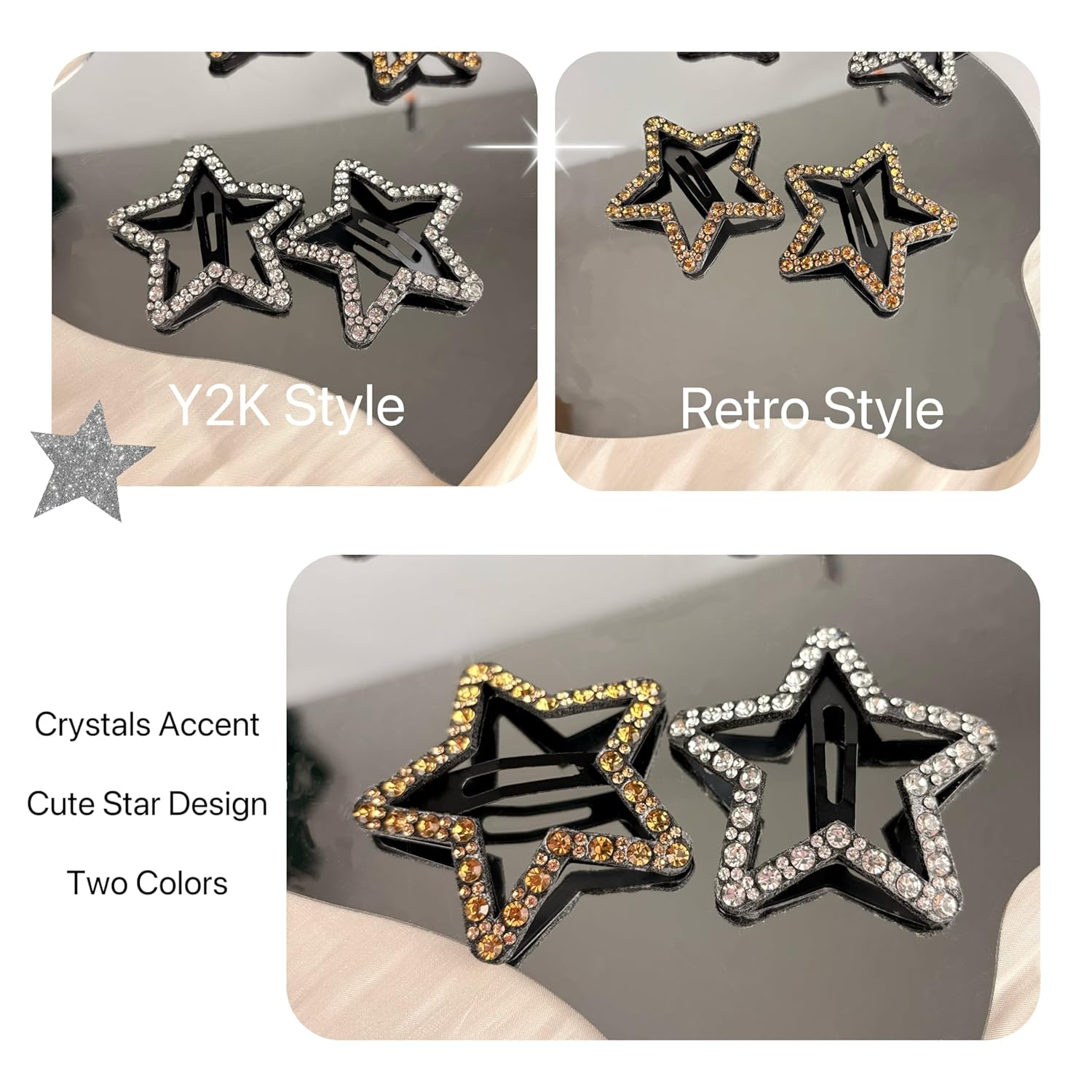 Y2K Star Snap Hair Clips with Crystal– 4 Pcs, Silver & Champagne Rhinestone Retro Barrettes, Sparkling Fun Metal Hair Accessories for Party & Daily Wear - Image 3