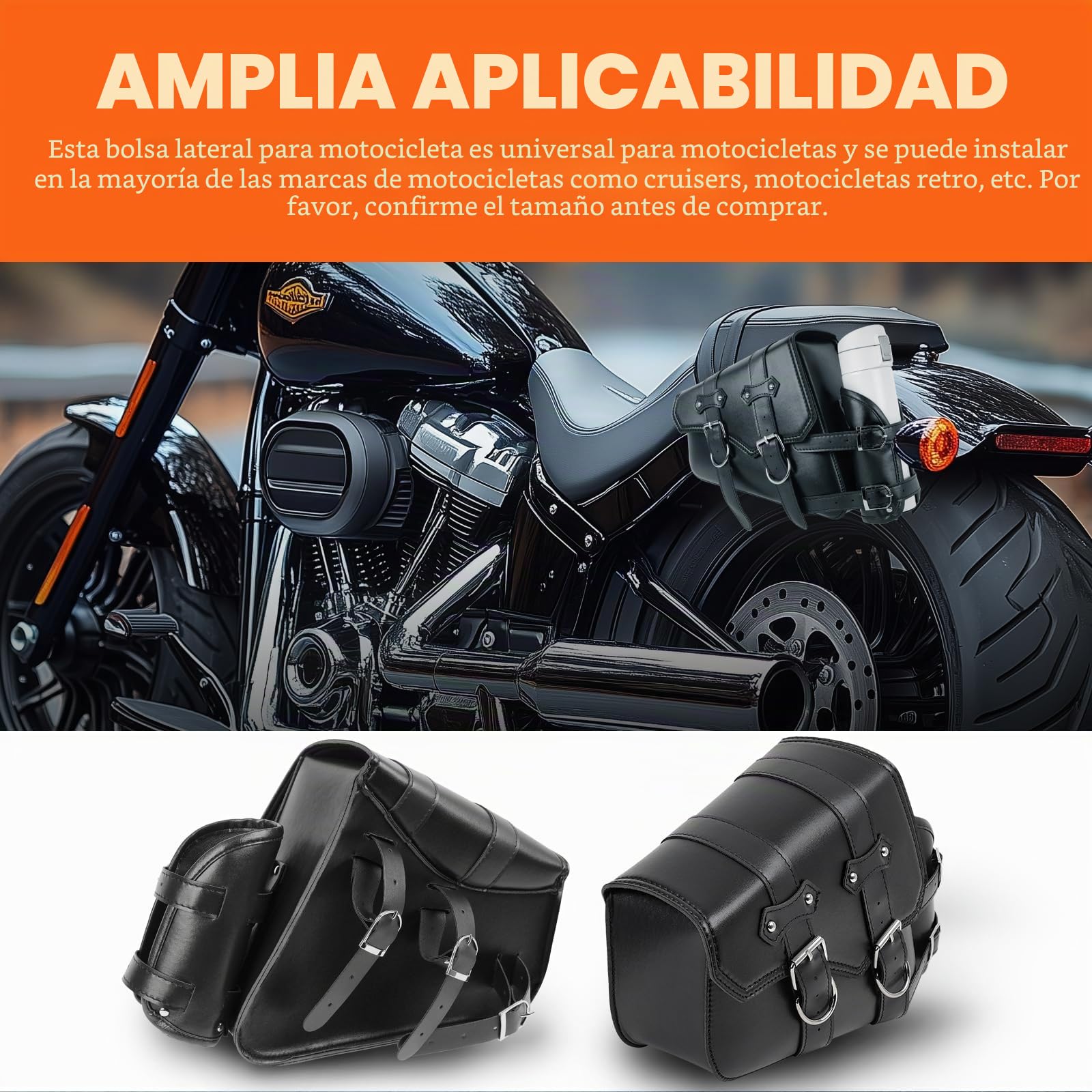 DREAMIZER Bolsa de Sillín Lateral de Cuero Sintético para Motocicleta con Brazo Oscilante Compatible Harley Honda Kawasaki Suzuki Yamaha