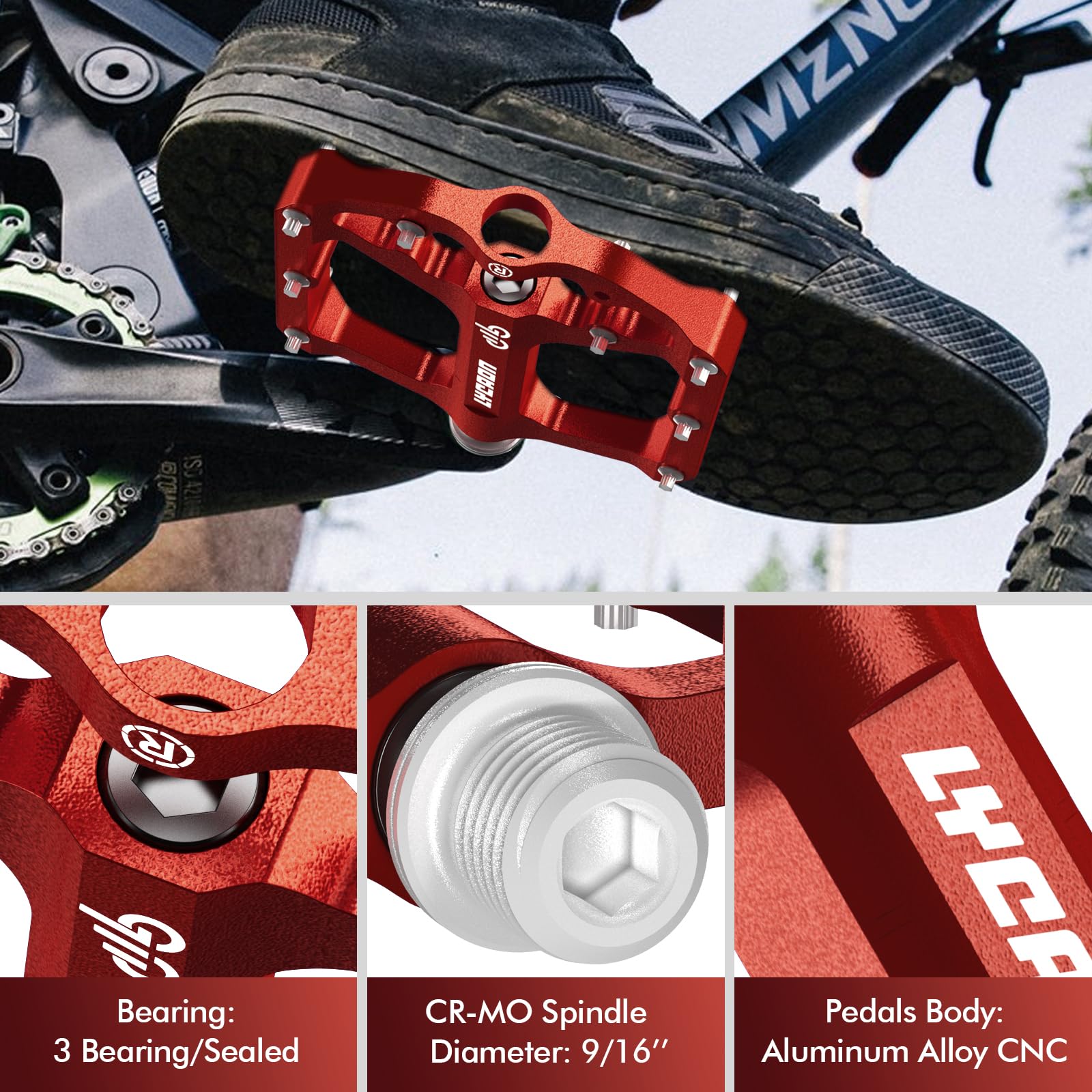 LYCAON Pedały rowerowe – rower wyścigowy/górski MTB pedały, 3 łożyska CNC, stop aluminium, antypoślizgowe wrzeciono CR-MO, pedały rowerowe 9/16", BMX Road Bike, antypoślizgowe, płaskie pedały