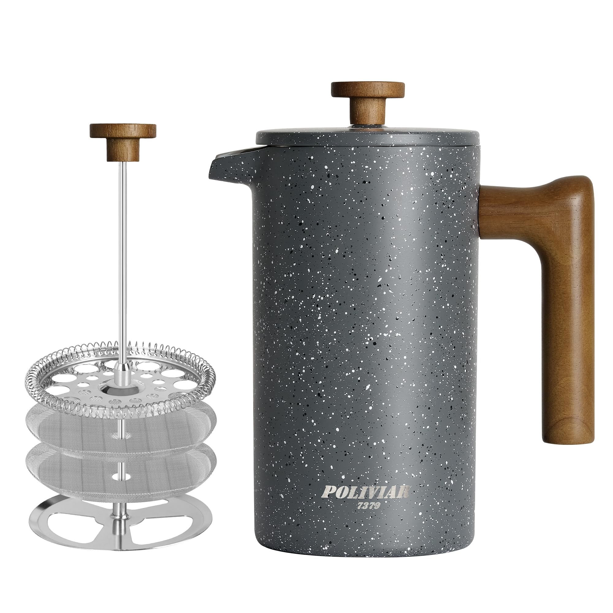Poliviar French Press 1 Liter/8 Tassen, Kaffeebereiter，Doppelwandige isolierte Kaffeekanne, Teebereiter, Handfilter Kaffee Presse mit Plunger & Griff aus Massivholz (Stein) JX2019-FPG10-DE
