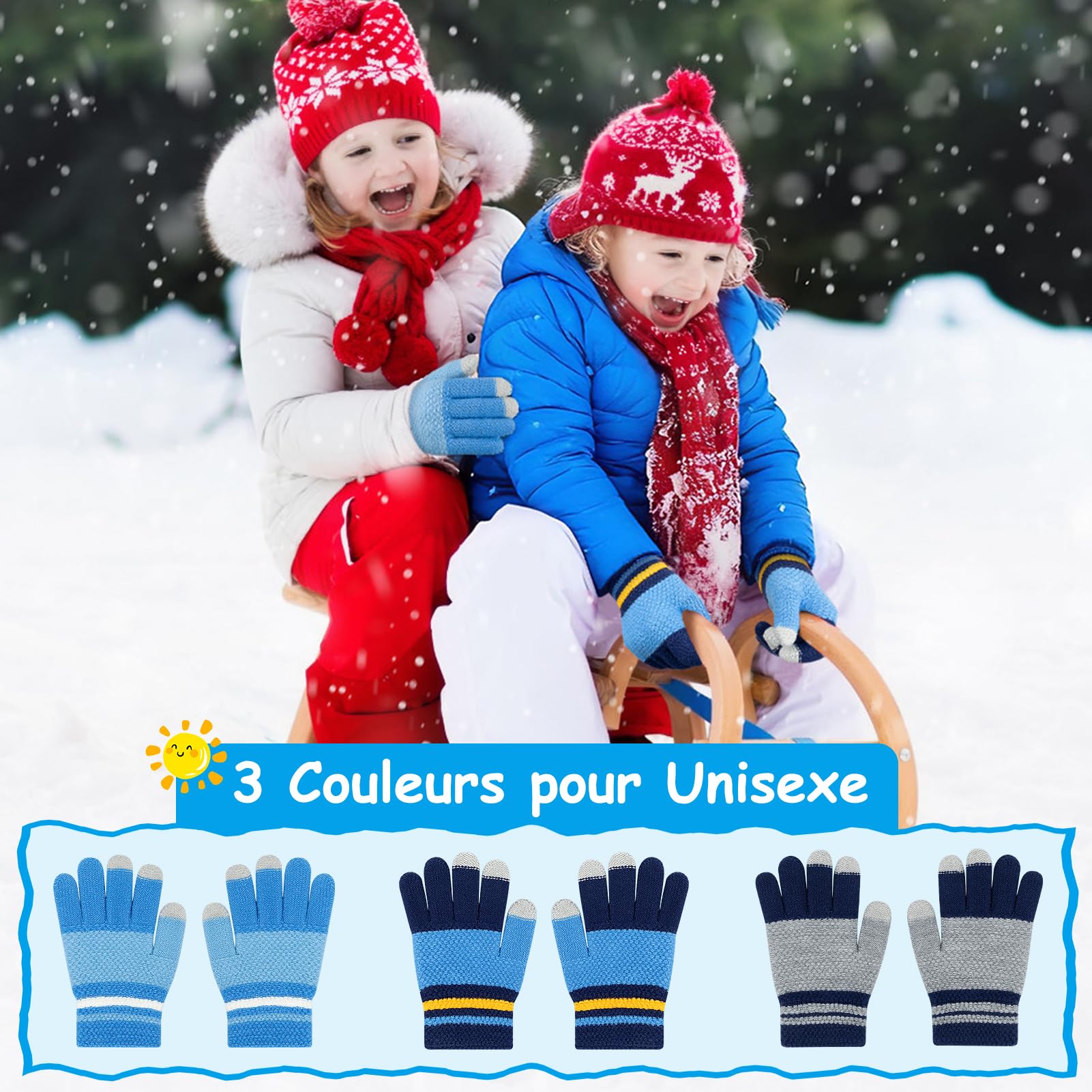 Kiiwah 3 Paires Gants Tricotés Chauds pour Enfants, Doigts Complets Thermique, Garçons 7-9 Ans (Bleu, Marine, Gris)