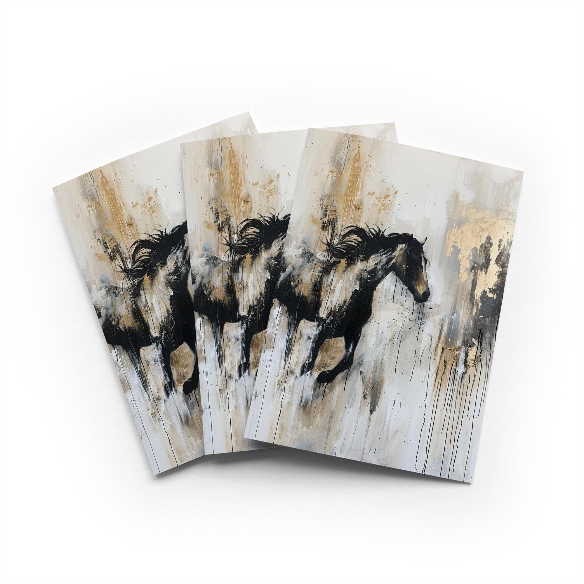 Wild Horse Fantasy Greeting Card Black Gold Any Occasion Set of 3 Blank Inside 5x7 Inch 13x18 cm