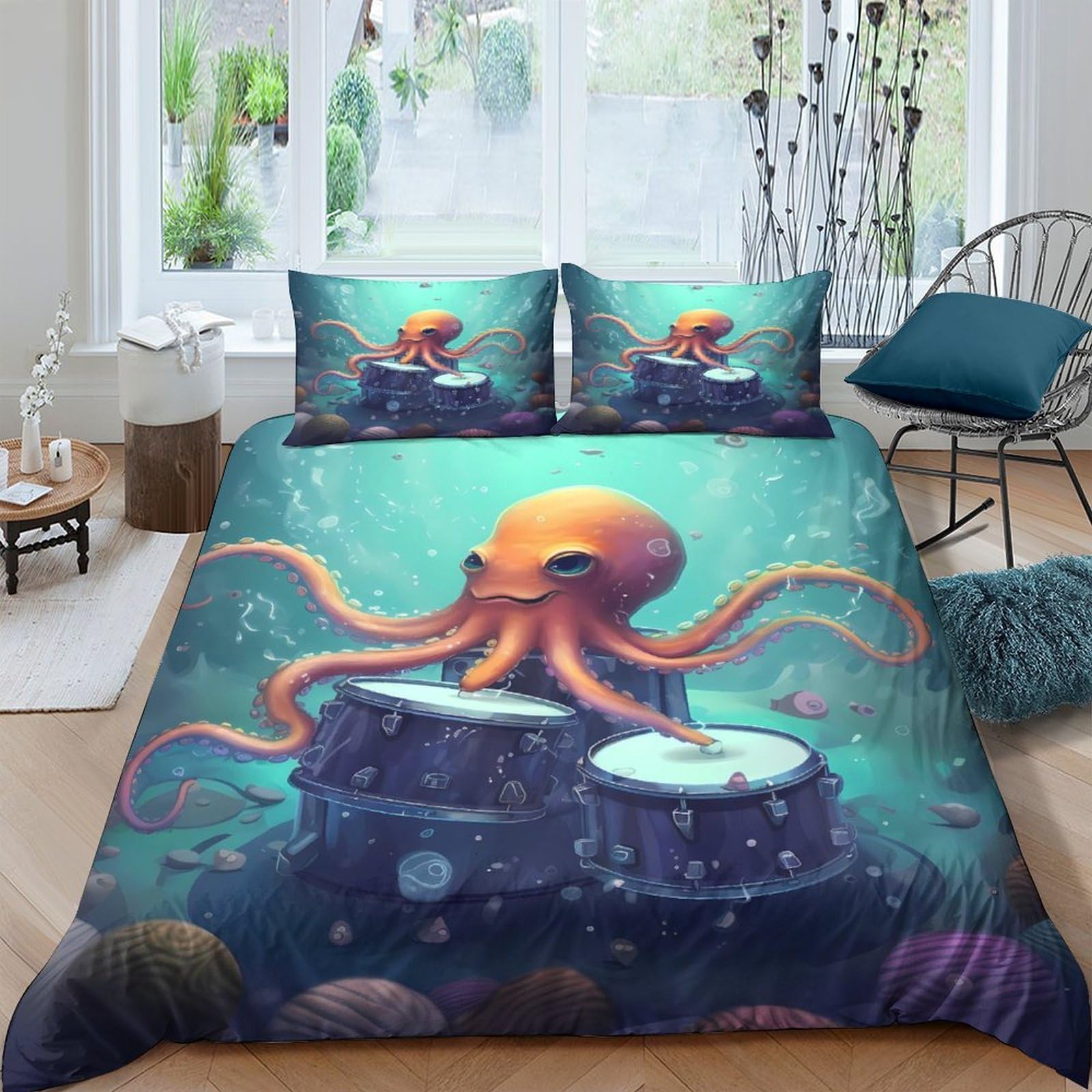 GPLZQXKJNH 3D Printed Octopus Drum Duvet Cover Microfiber Soft Breathable Underwater Bedding Set with 2 Pillowcases for Bedroom Decor Single（135x200cm）