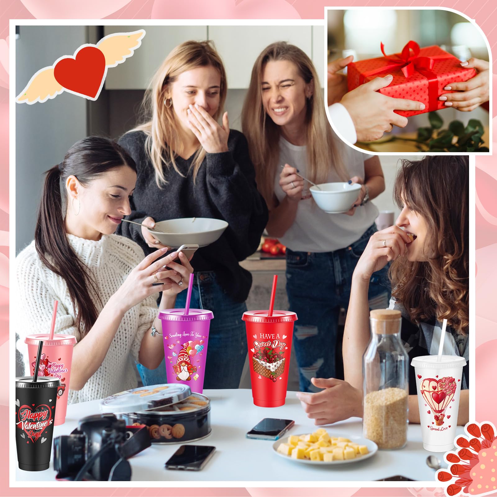 Uiifan Lot de 24 gobelets en plastique réutilisables avec couvercle et paille pour la Saint-Valentin avec couvercle et paille - 710 ml (tendance)
