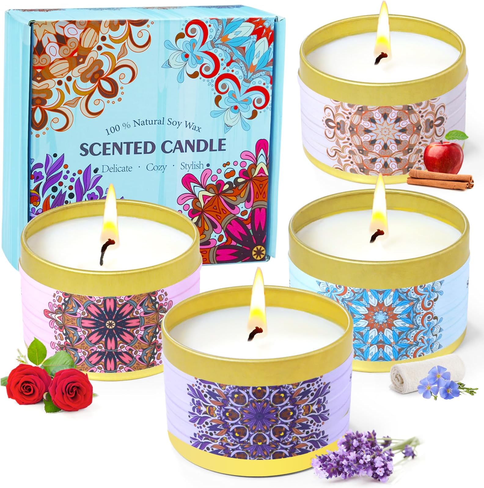 Candles Gifts for Women, Scented Candles, Scented Candle Gift Set Pack of 4, Soy Wax, Travel Tin Candle for Body Relaxation, Aromatherapy, Bath, Yoga, Mother's Day, Valentine's Day, Birthday [Energy Class A+++]