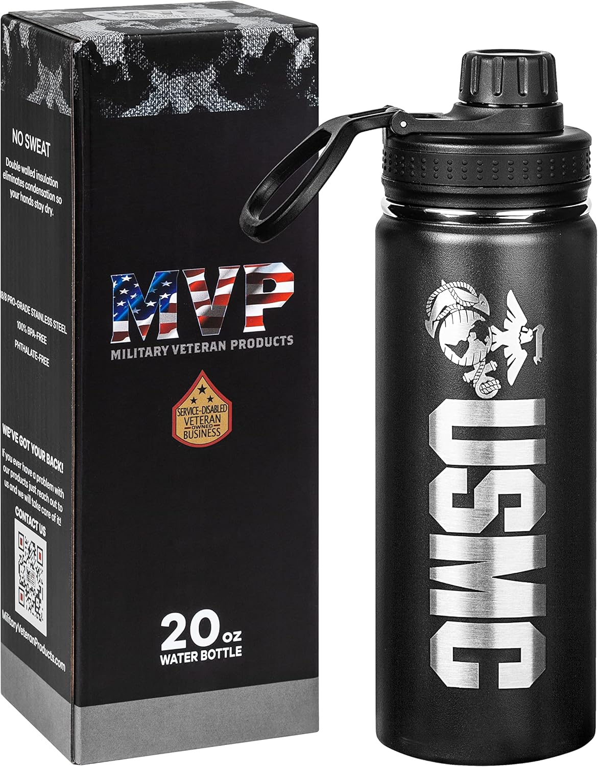 USMC 20oz Water Bottle | Marine Corps Double Wall Vacuum Insulated Stainless Steel | Disabled Vet Owned Business | USMC 20oz Water Bottle