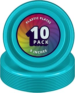 DecorRack 10 Large Plastic Plates, Heavy Duty 9 inch Colored Plastic Dinner Plates, Disposable Party Ware for Kids Birthday, Cake Dessert Plates, Holiday Tableware, Turquoise (Pack of 10)