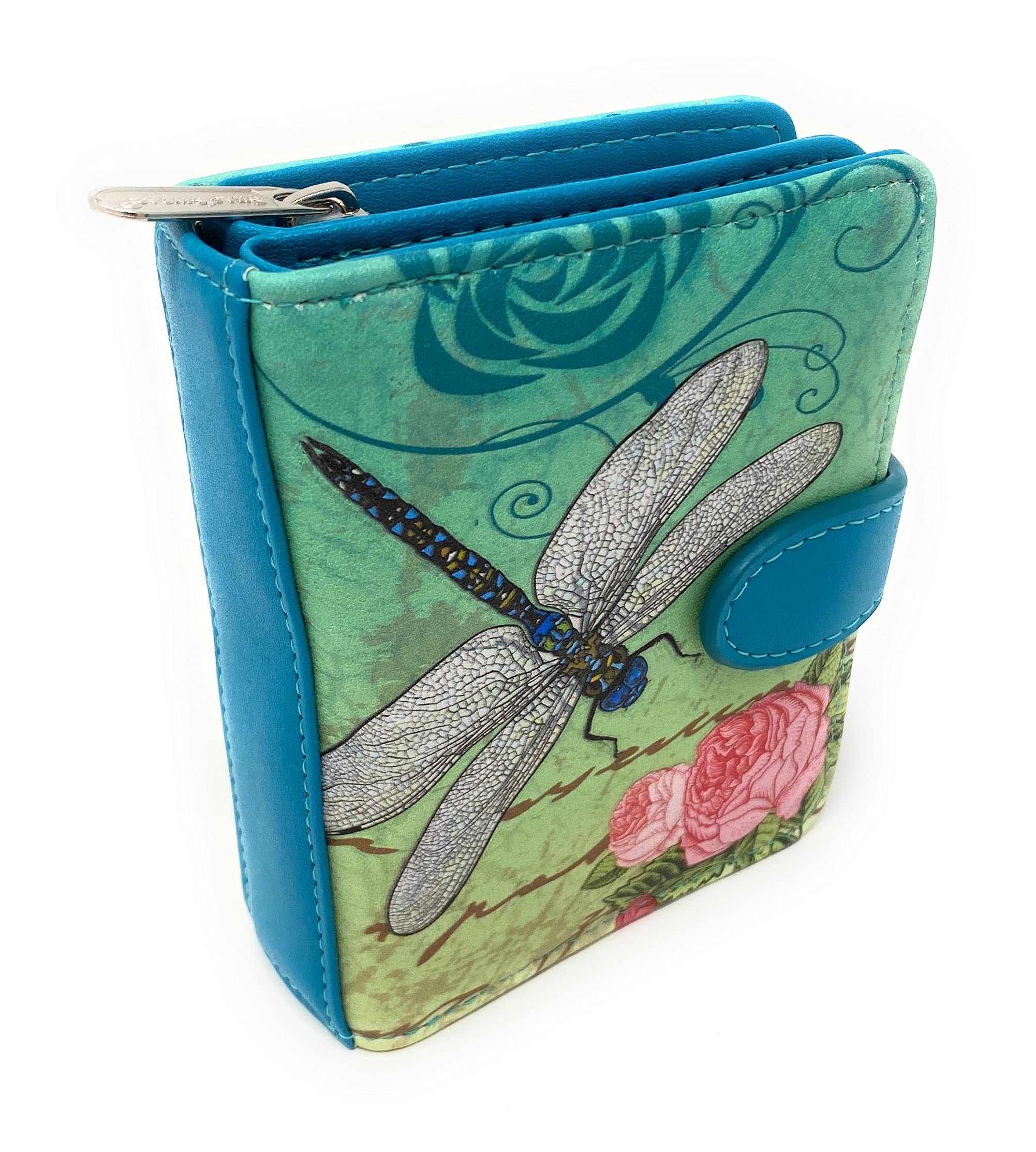 Shag Wear Vintage Dragonfly Small Women’s Wallet, Vegan Faux Leather Bifold with Card Slots, ID Window and Compact Snap Closure in Teal 4.5"