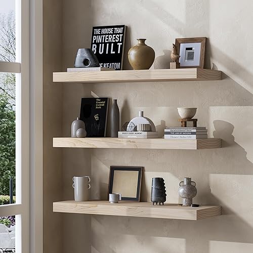 Miniatura 2 de Fun Memories Estantes flotantes de granja, estante de pared de madera rústica de 8 pulgadas de profundidad, estante de almacenamiento de madera de