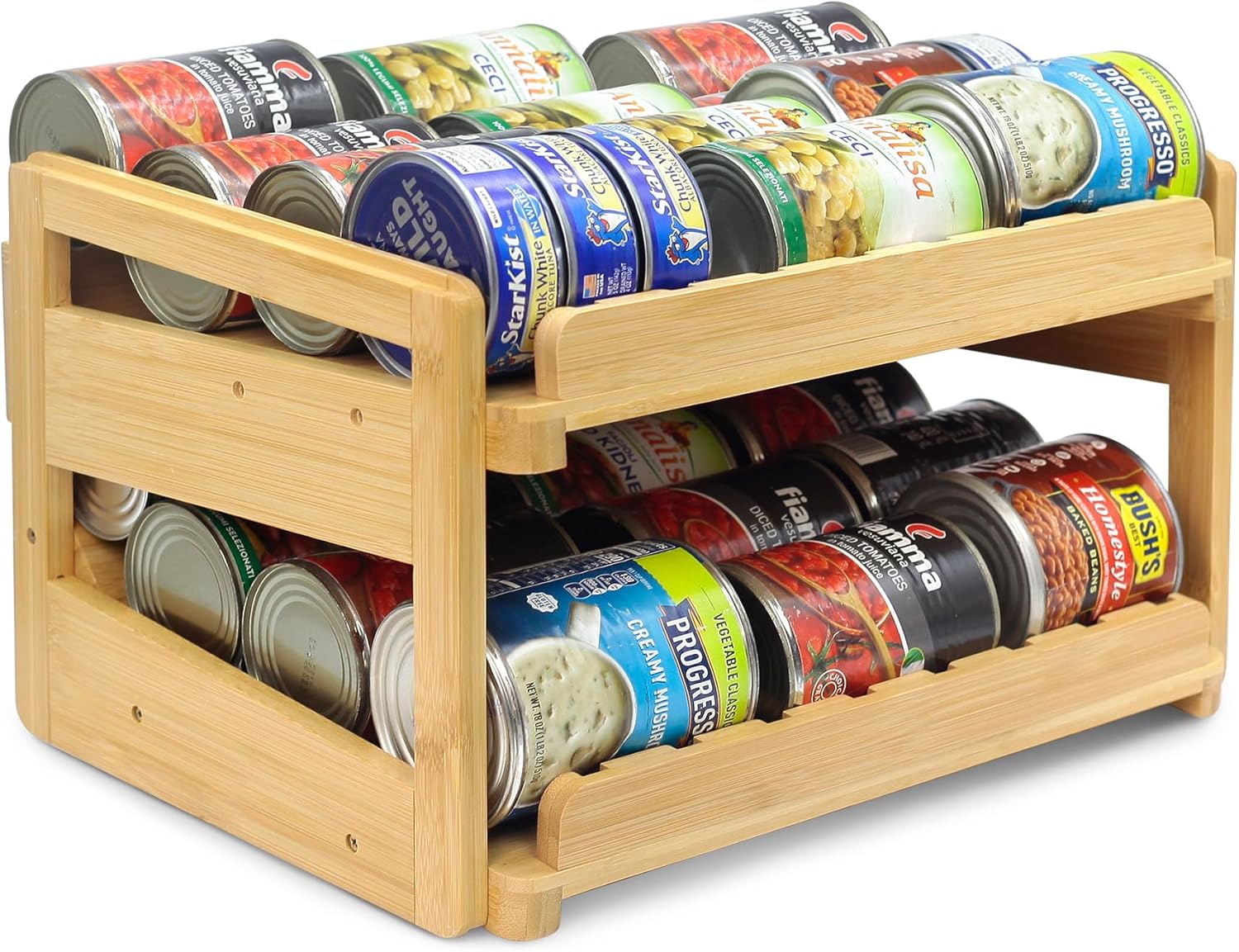 MinBoo Adjustable Can Organizer Rack, Two Tier Bamboo Stackable FIFO Cans Dispenser, Modern Style, Countertop, Assembly Required, Anti Shedding