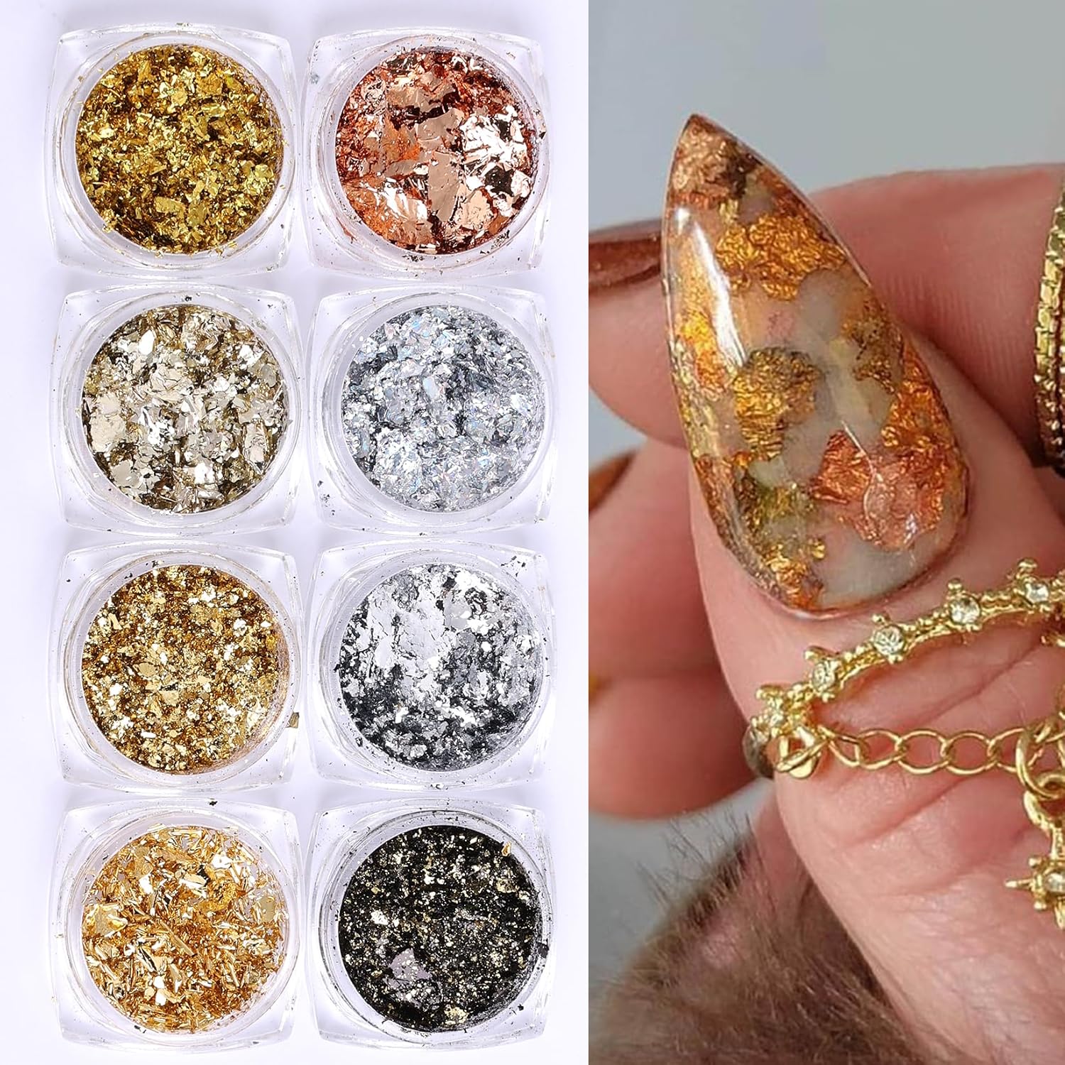 8 Bottles Gold Flakes Nail Glitter Foils Metallic Gold Silver Black Rose Golden Foil Nail Sequins 3D Irregular Ultra-Thin Aluminum Nail Art Flakes Designs Shiny Gold Leaf for Nails Decoration