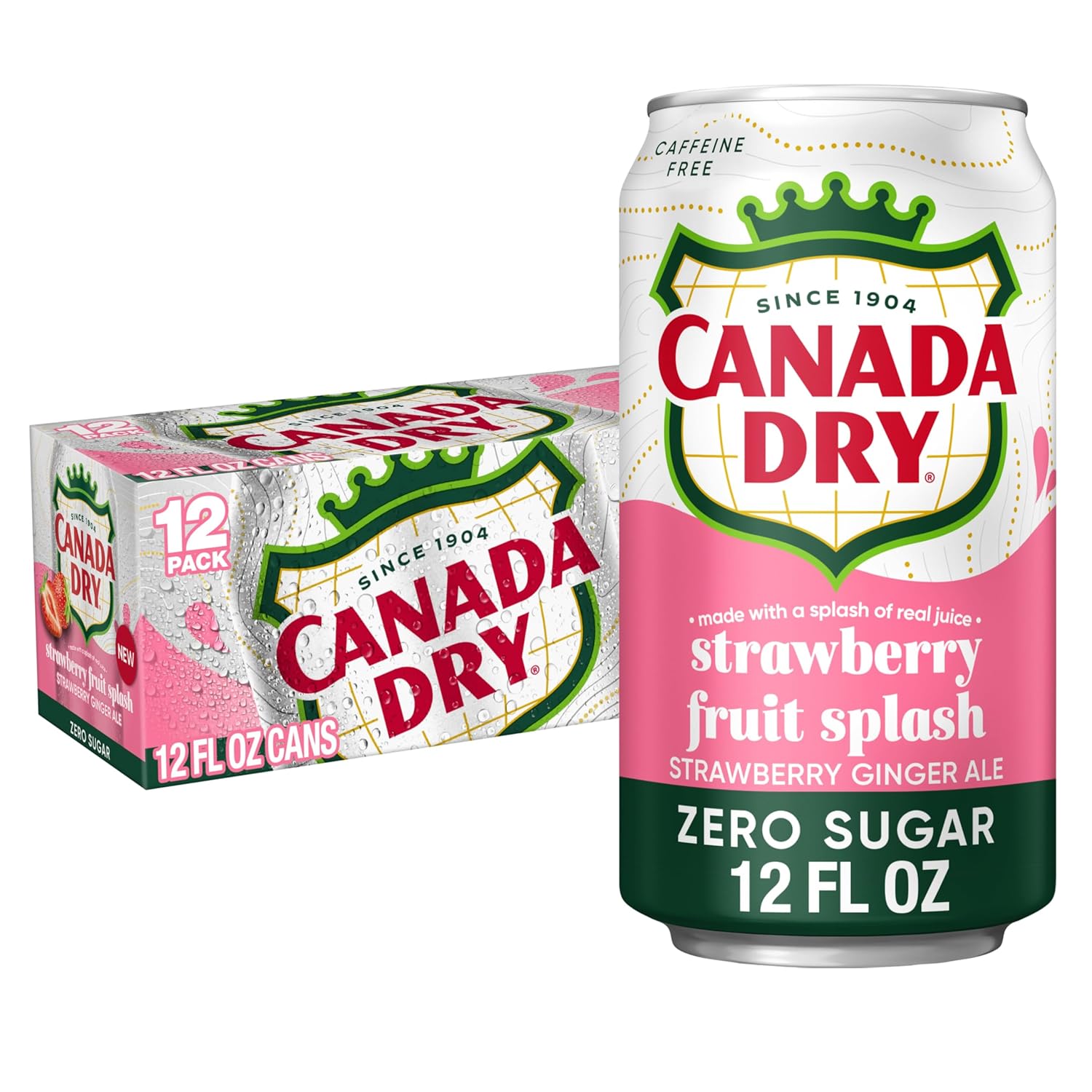 Canada Dry Strawberry Ginger Ale Zero Sugar Soda, Fruit Splash Real Juice, 12oz Cans 12 Pack - Caffeine-Free Refreshing Mixer