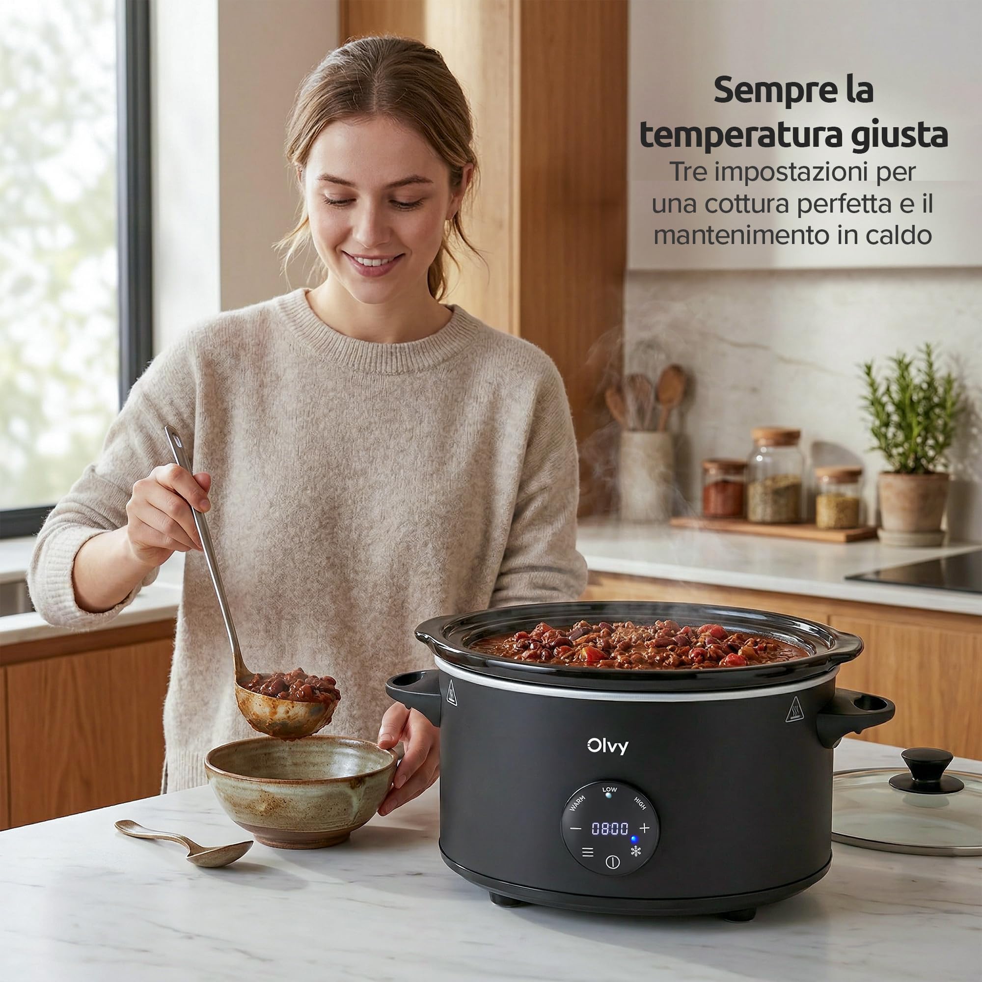 Olvy Slow Cooker - Casseruola digitale da 6 l, con timer, touch screen, funzione di scongelamento, timer 24 ore, 3 livelli, famiglia Meal Prep
