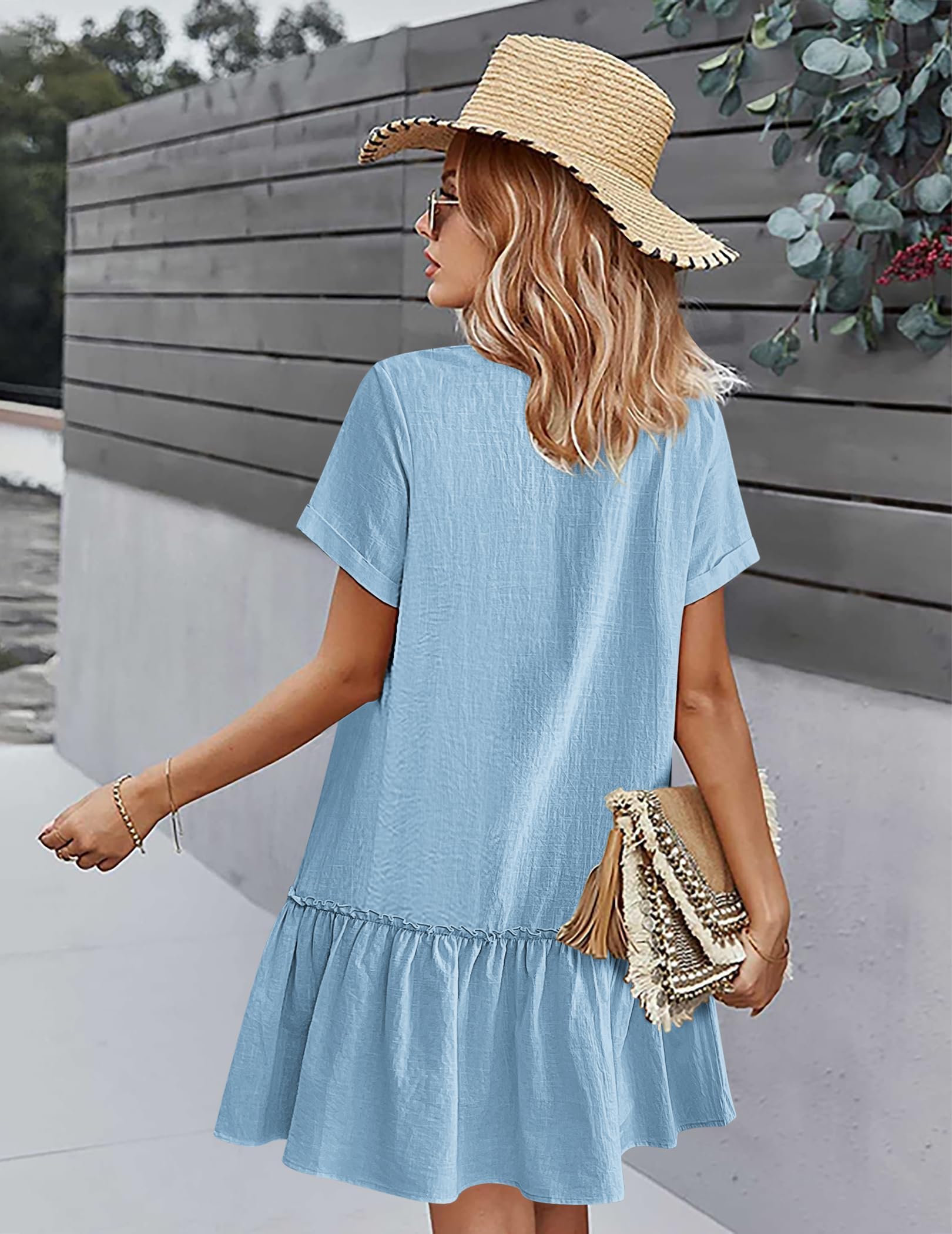 Hotouch Robe d’été Femme Lin Boutonnée Col V Robe de Plage Casual Courte A-Ligne à Volants
