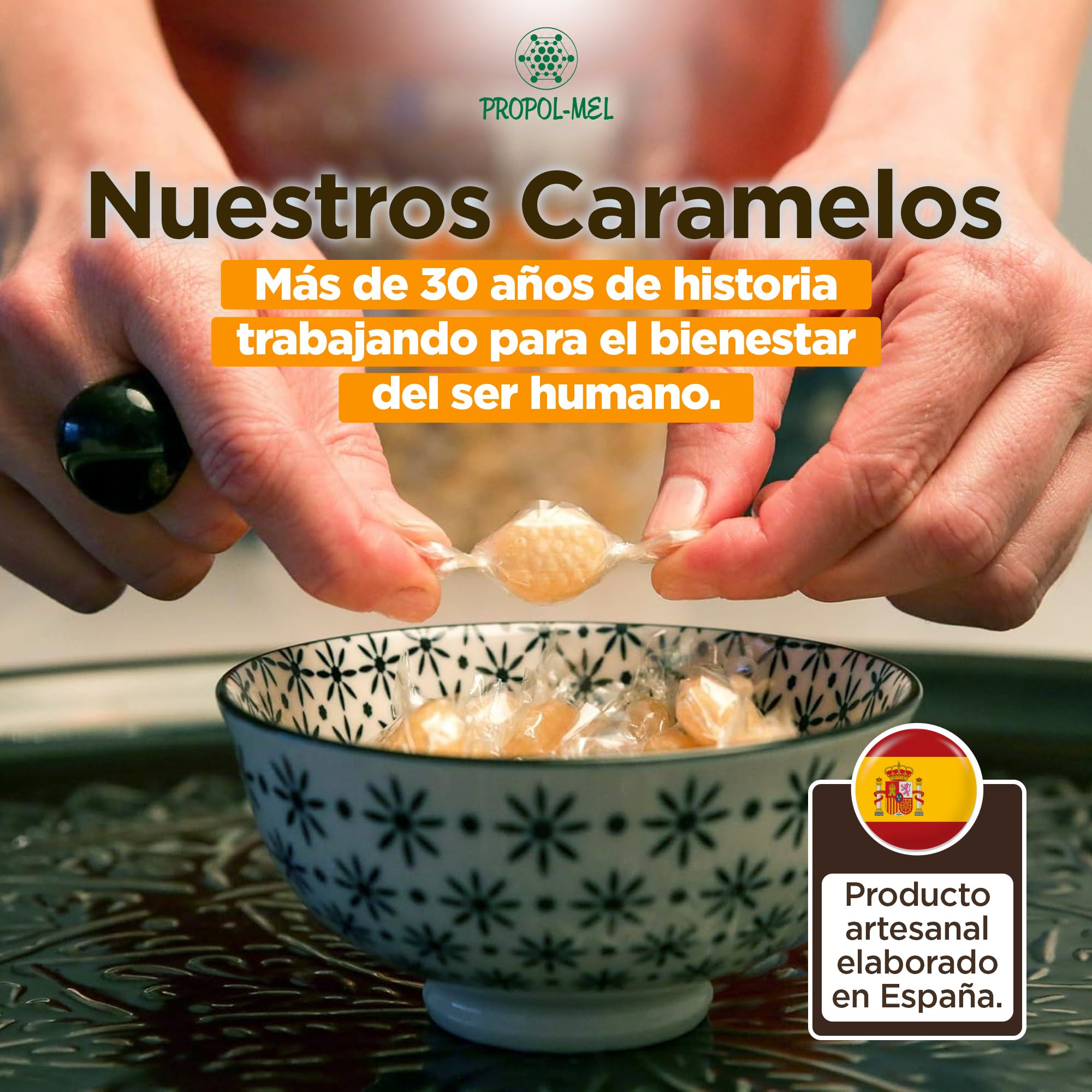500 g - Caramelos de Propoleo Sin gluten y Sin azucar. Elaborado con propolis puro finamente troceado. Recomendado para el mal aliento, el aparato bucal y la garganta.
