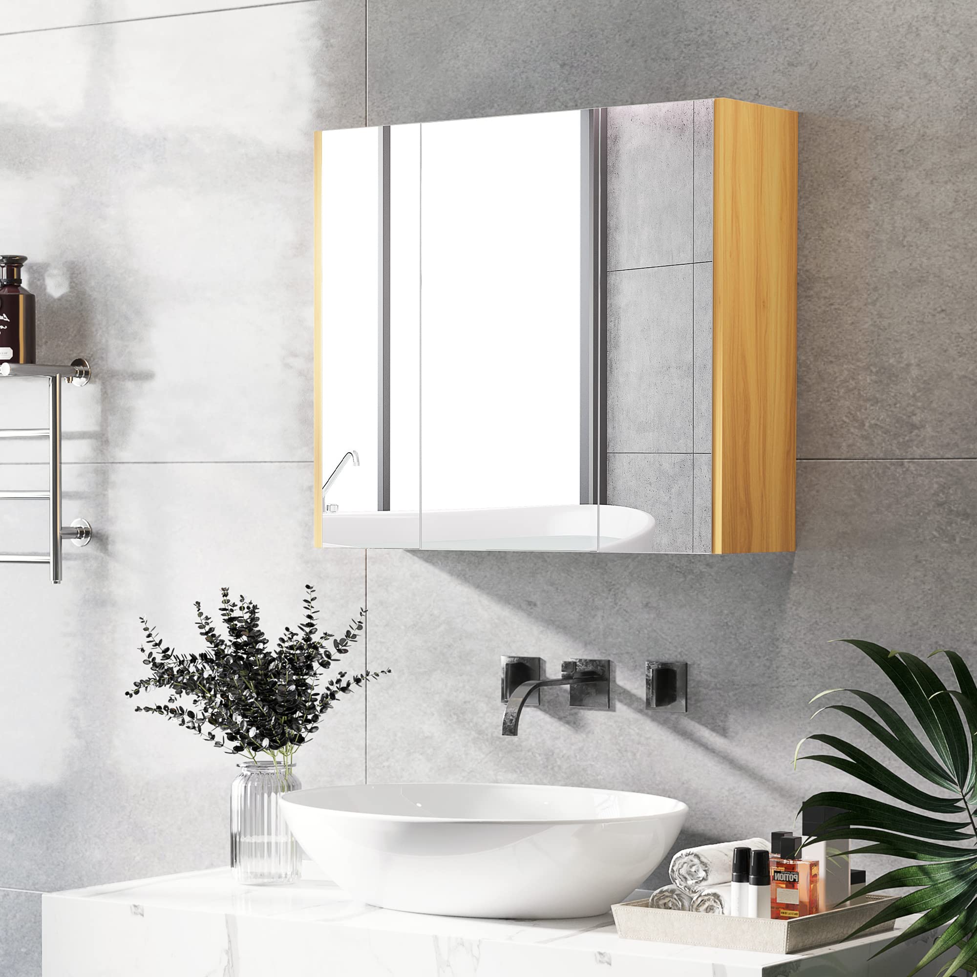 kleankin Armoire Miroir Salle de Bain Armoire de Toilette Miroir 3 Portes 4 étagères réglables 68 x 22 x 60 cm Aspect chêne Clair - Blanc