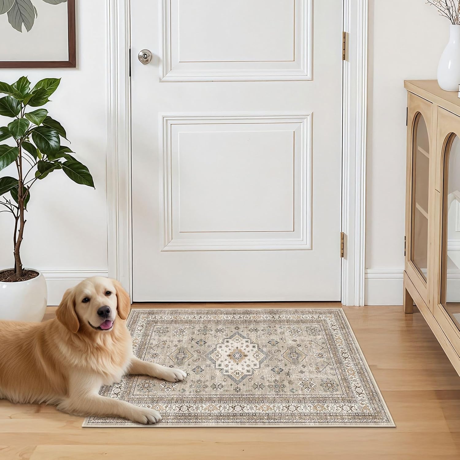 Vintage Living Room Area Rug 2x3 - Large Soft Washable Oriental Traditional Distressed Farmhouse Rugs for Bedroom - Indoor Floor Accent Carpet for Home Office House Decor - Beige