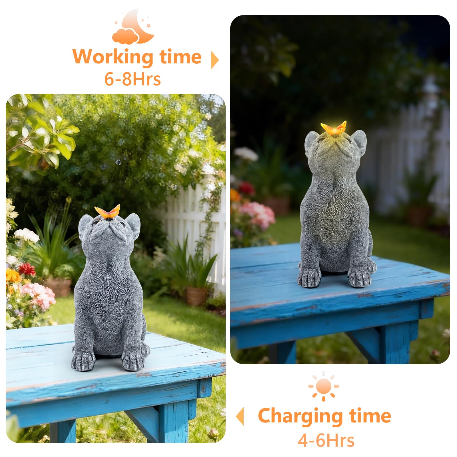 Statua a forma di cane con farfalla solare, simpatica statua da giardino a forma di bulldog francese, decorazione per esterni per cortile, prato, veranda, giardino in resina, decorazione per la