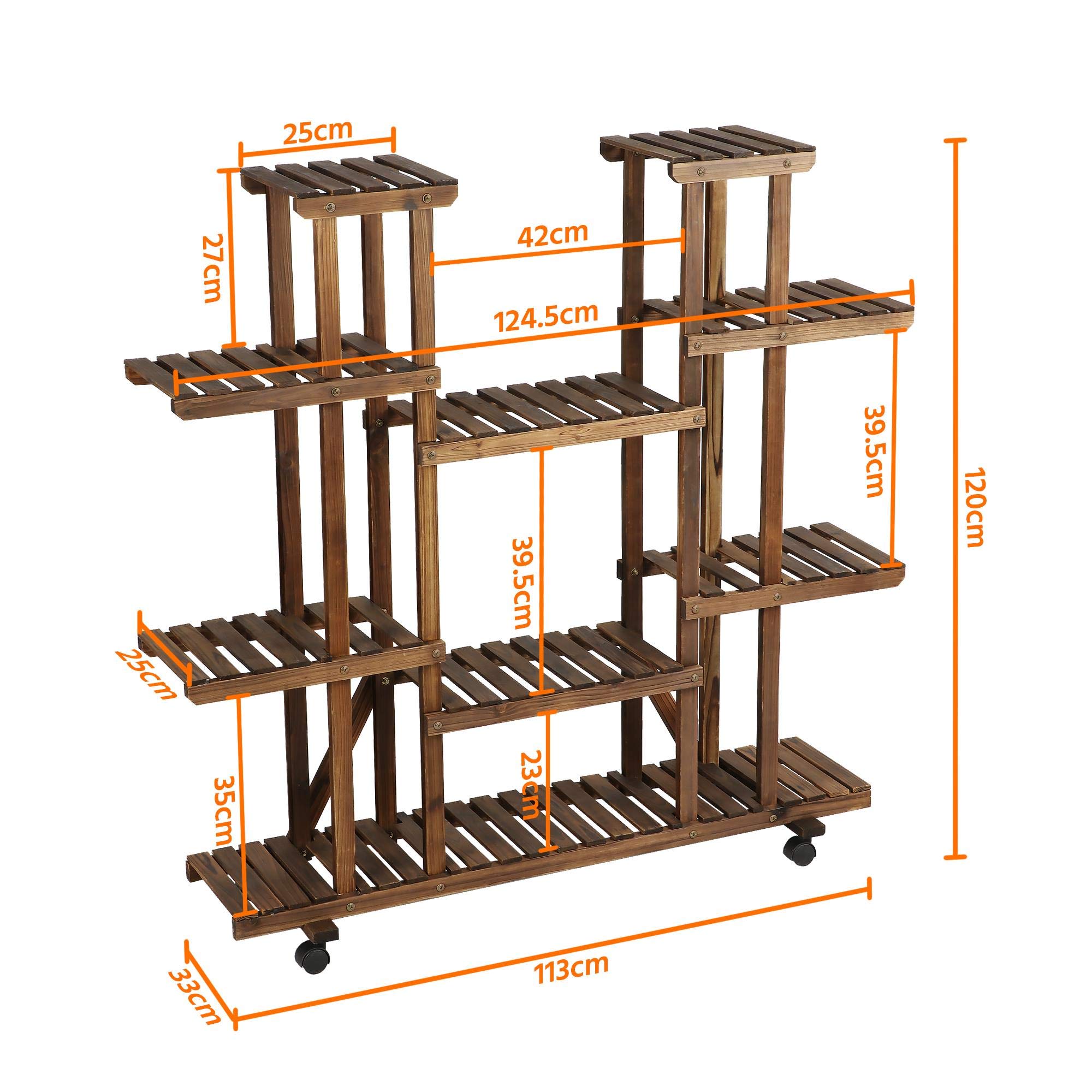 Yaheetech Scaffale Porta Piante Vasi Fiori in Legno con Ruote 9 Ripiani da Interno Esterno Balcone Giardino 124,5 x 33 x 120 cm