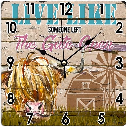 Reloj de pared decorativo vintage de ganado y granero, vaca, de las tierras altas, vive como alguien dejó la puerta, reloj de PVC abierto, funciona