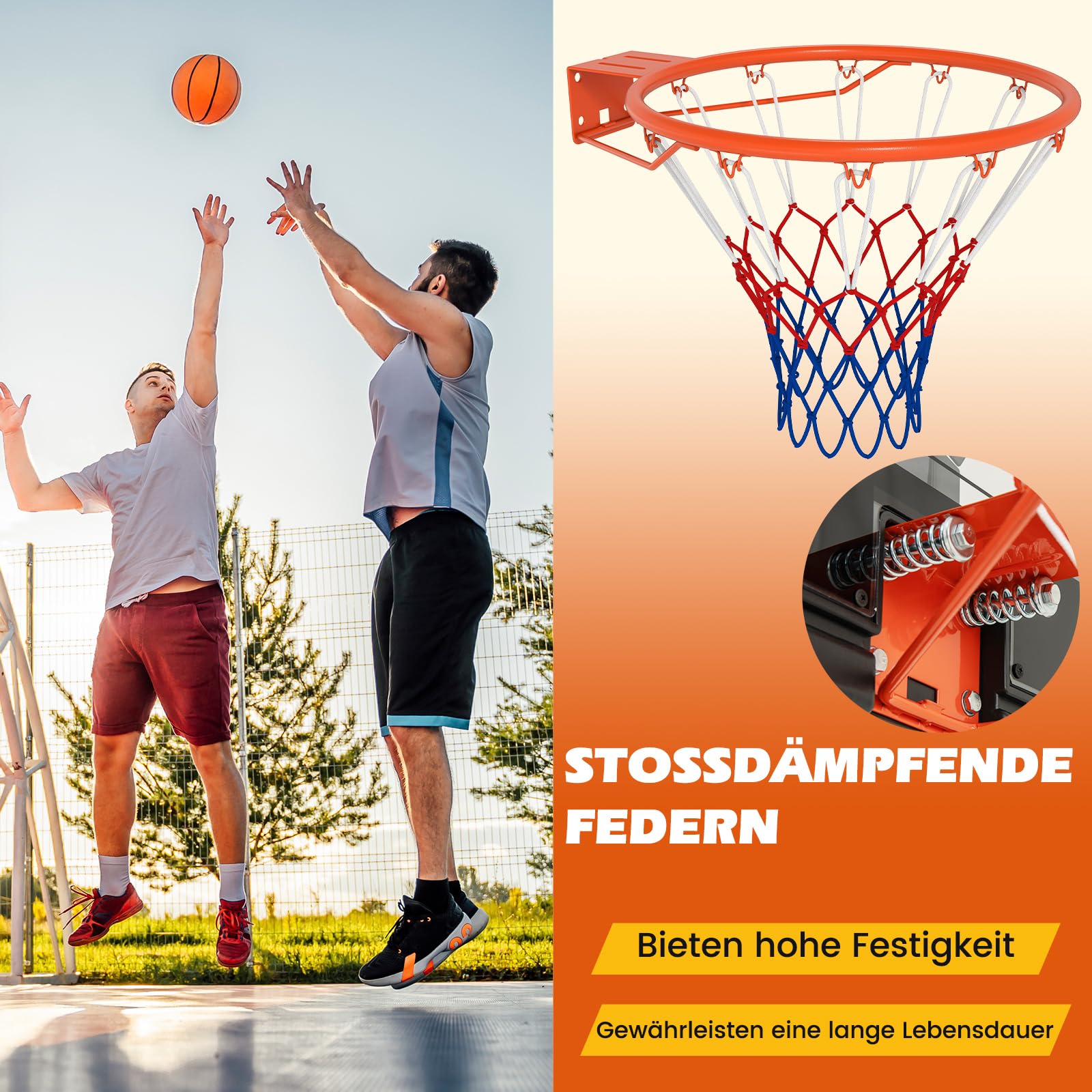 GYMAX Basketballkorb Wandmontage Ø45 cm, Basketballnetz mit stoßdämpfende Federn & wetterbeständiges Netz, Basketballring für Innen & Außen