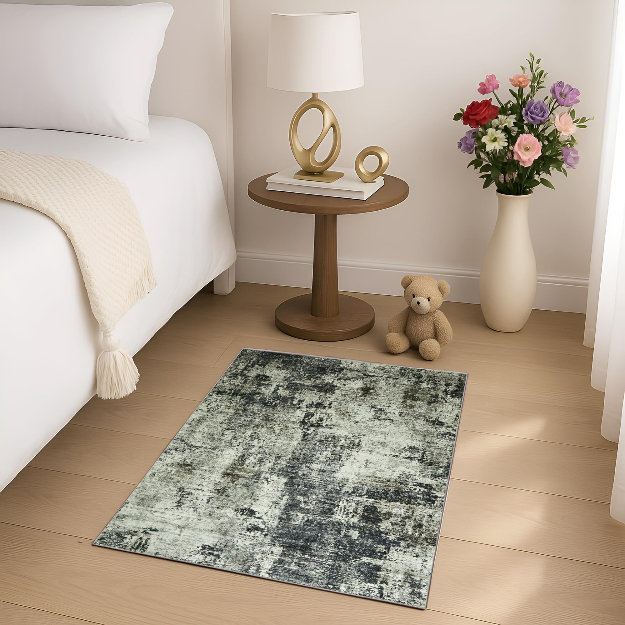 MOONLIGHT20015 Washable Small Bedside Rug 40x60cm - Soft Short Pile Abstract Area Rugs For Bedroom Entrway Non Slip Floor Carpet Traditional Vintage Cashmere Door Mat For Kitchen Bathroom, Frost