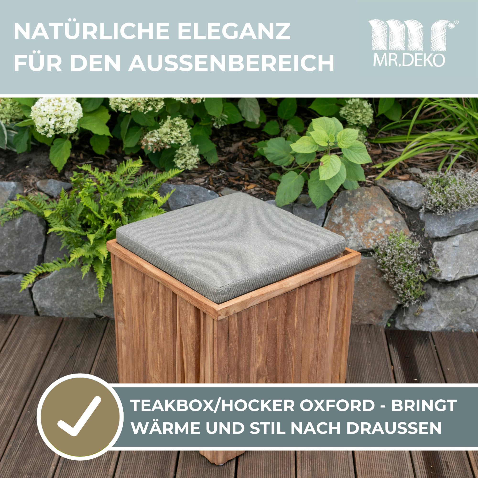 MR. DEKO Teakbox Oxford Sitzhocker inkl. Sitzkissen | Teak Holz Gartenhocker Wetterfest | Auflagenbox Klein Massivholz Teakholz | Beistelltisch Garten Stauraum | Sitzbox Balkon 45x45 cm