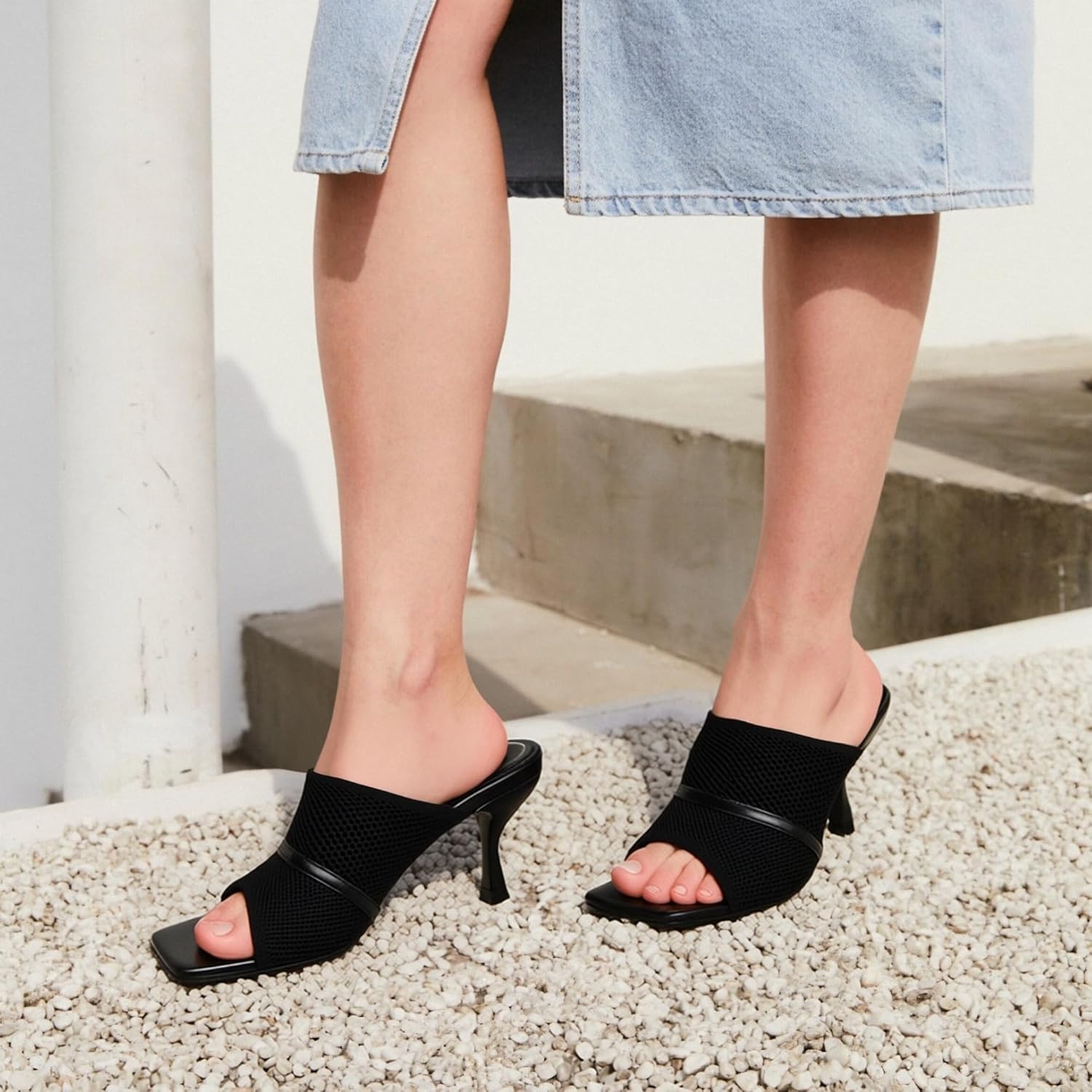 NEWBELLA Mousse Fit Women's Mesh Heeled Sandals, Square Open Toe Heeled Mules for Women, Commute Slip On Stiletto Heeled Slides - Image 2