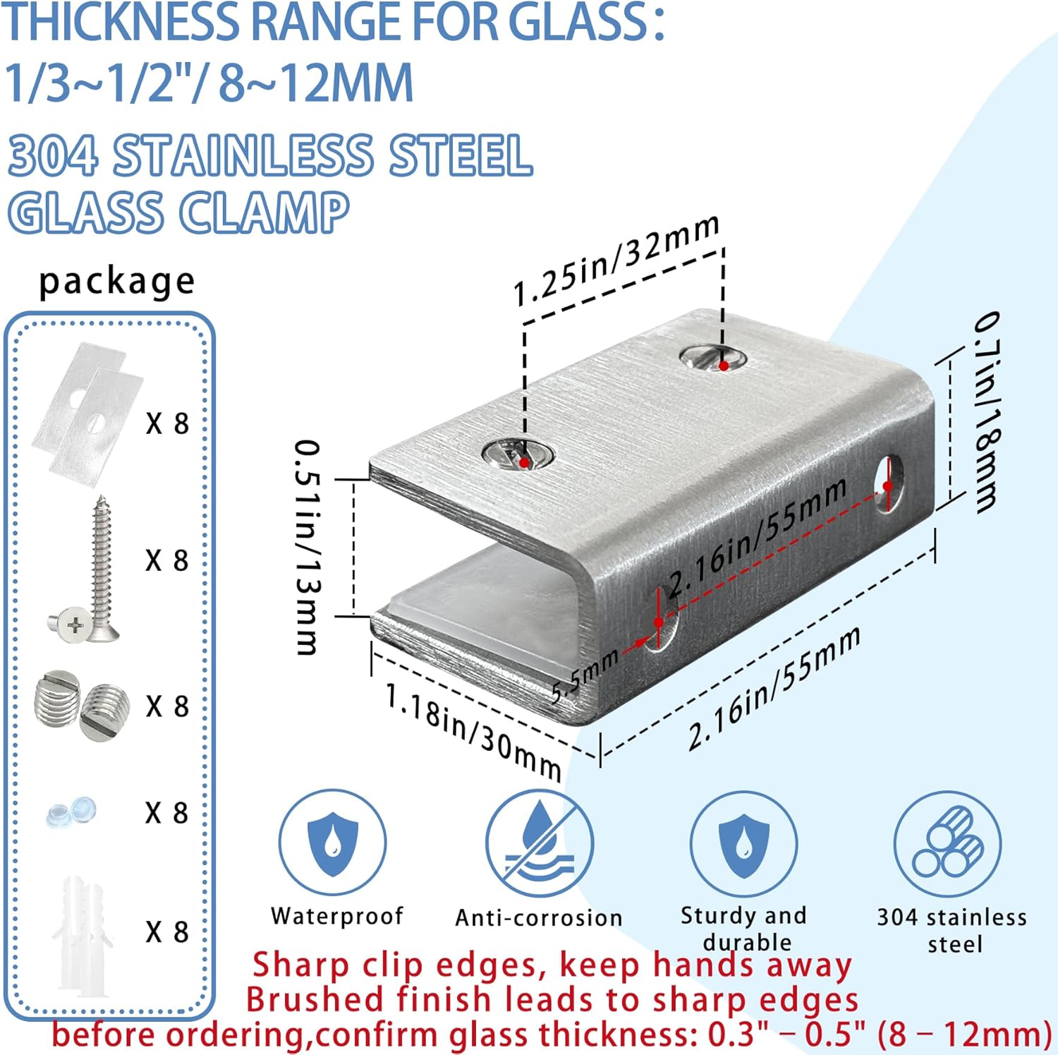 8Pcs Stainless Steel Glass Shelf Clip Clamp Bracket Support Adjustable 304 Stainless Steel Brushed Finish Glass Clip Shelf Brackets Holder Support 0.3" to 0.5"/ 8 to 12mm Thick
