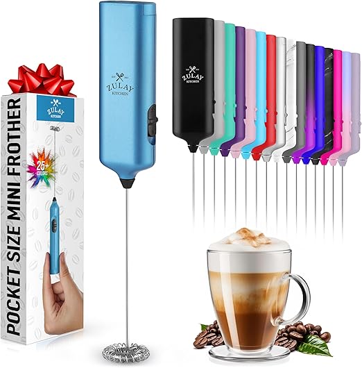 Powerful Milk Frother Wand - Mini & Mighty Handheld Drink Mixer - Portable Coffee Frother For Latte, Cappuccino, Matcha, Hot Chocolate, Creamer - Metallic Blue & Black Button