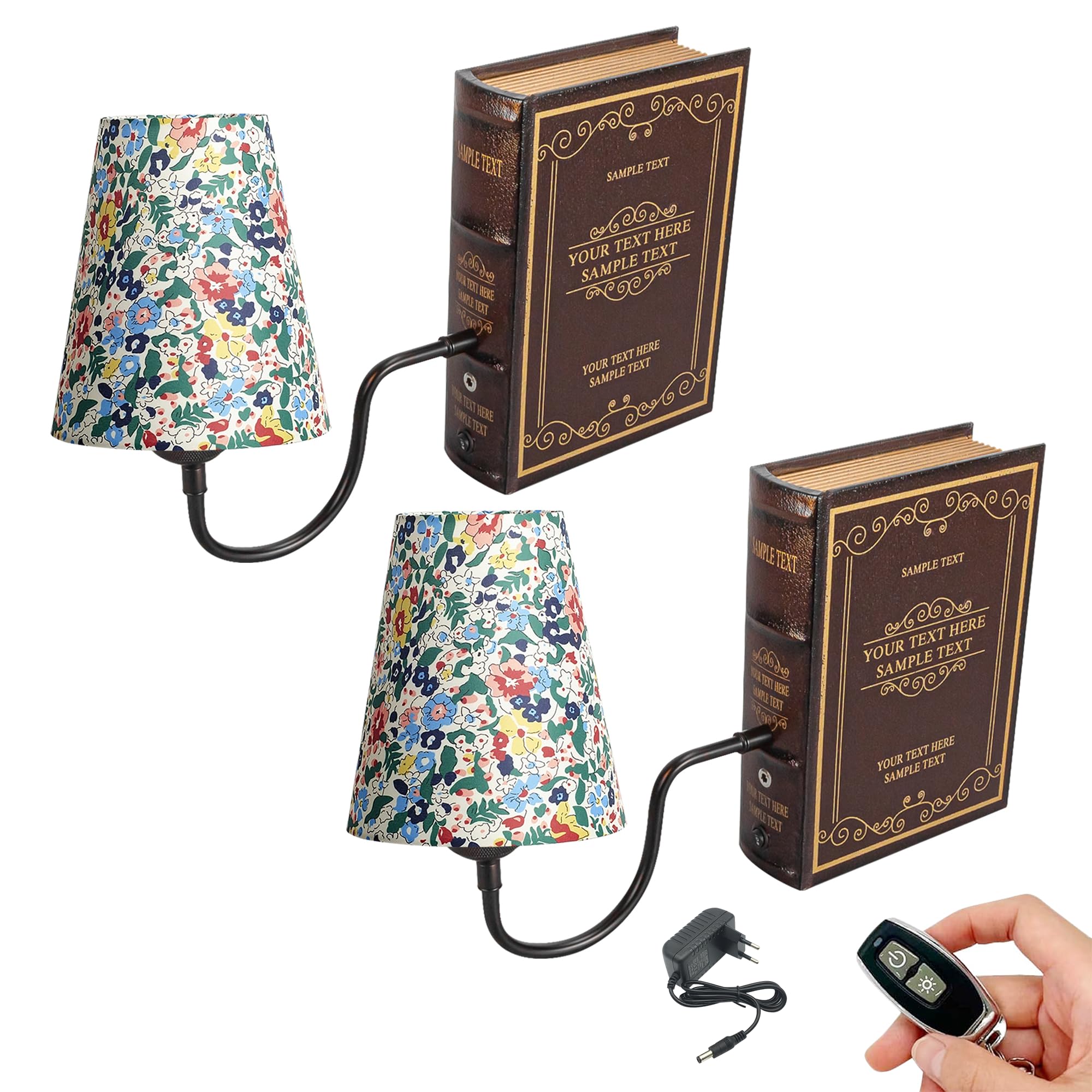 LED Buchlampe mit Fernbedienung, Vintage Dimmbar Nachttischlampe mit Stoffschirm 1xE27-Fassung, Wiederaufladbare Tischlampe Zeitschaltuhr für Nachttisch Beistelltisch DZ0365-DSH-X2