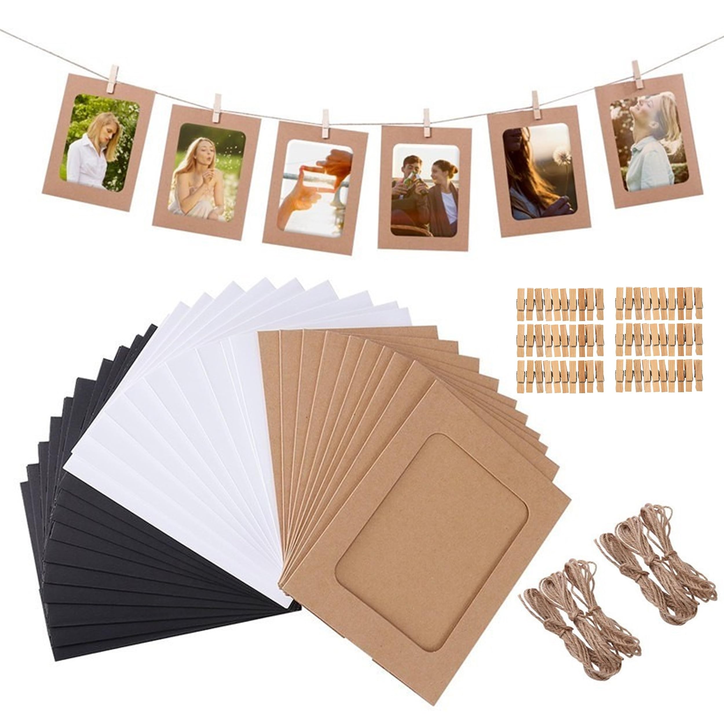 Cadres photo en carton avec pinces en bois : lot de 60 pour décoration murale