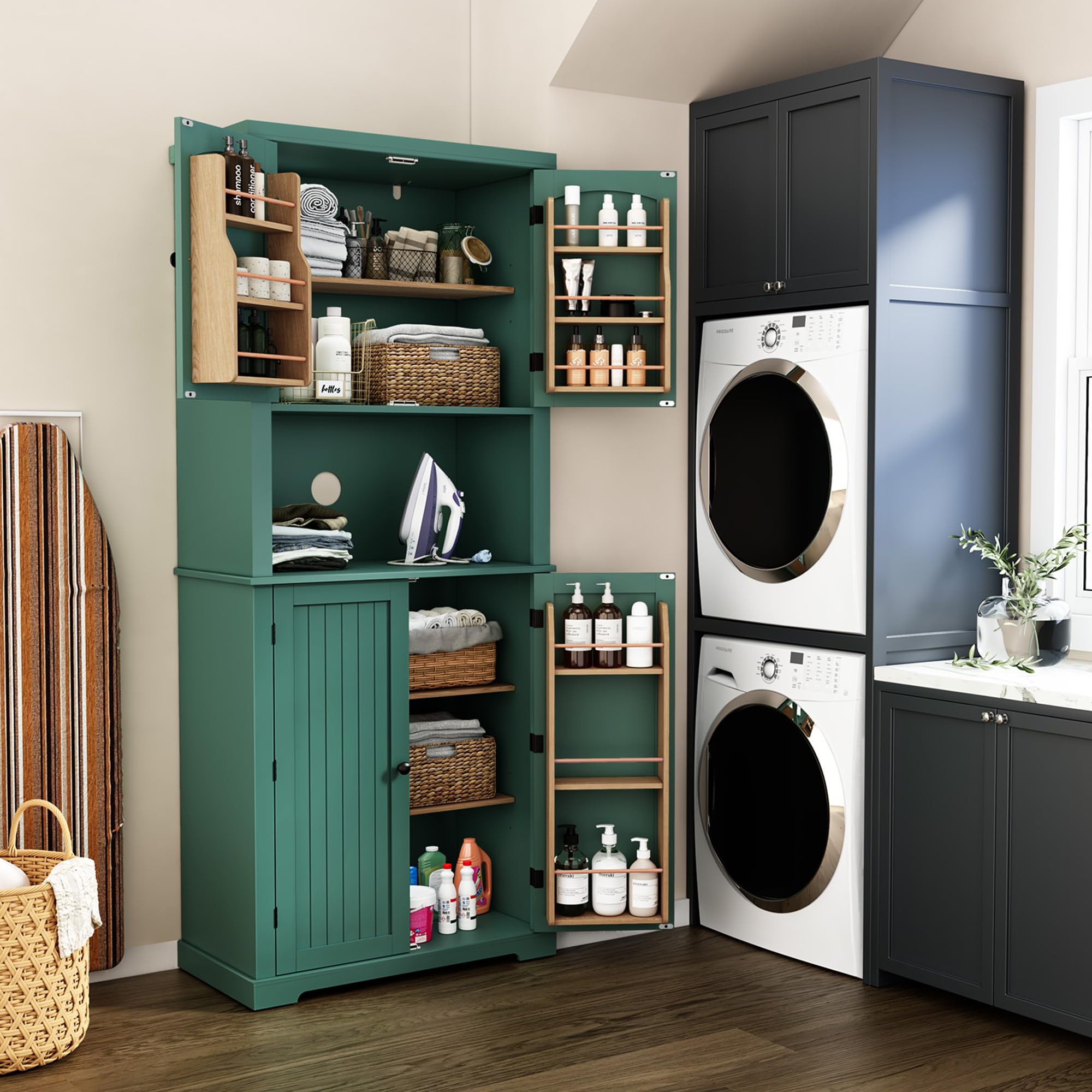 HOLTICO Dispensa da Cucina Alta, Armadietto Multifunzione con Scaffali sulle Ante e Ripiani, Mobile Alto per Alimenti, Credenza Moderna per Soggiorno, Cucina e Lavanderia, Verde Salvia