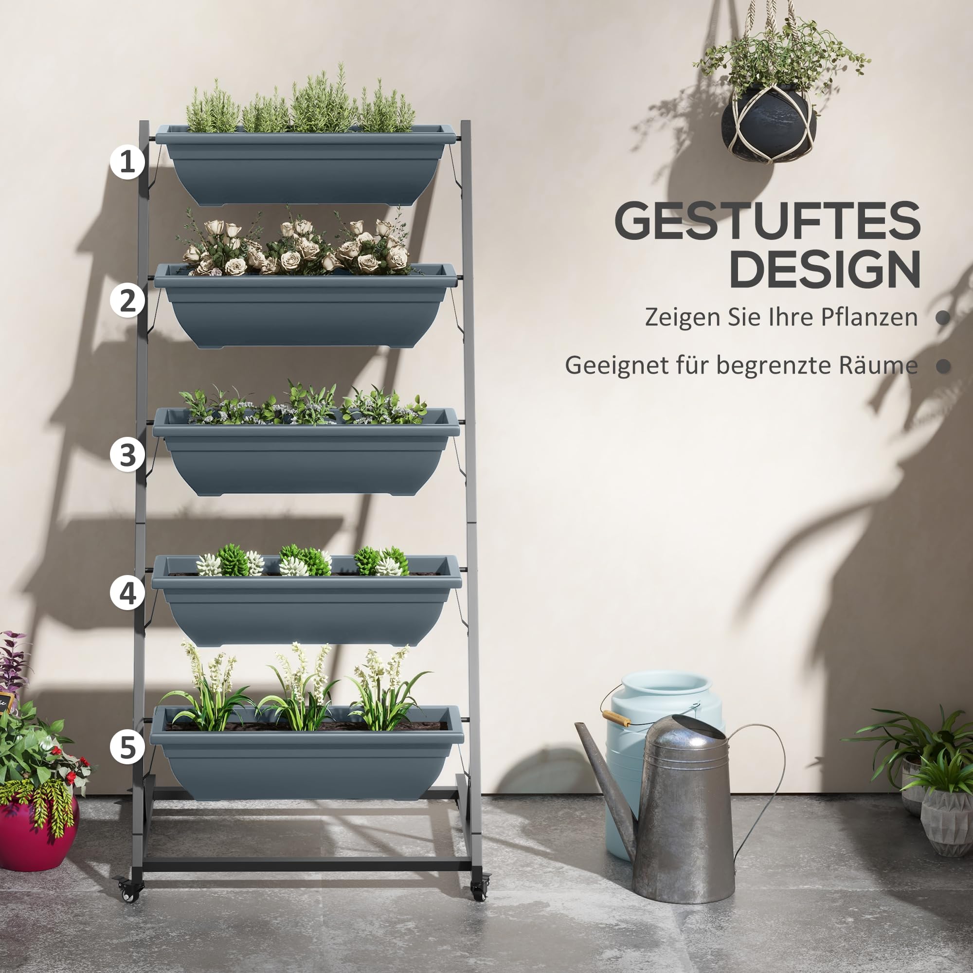 Outsunny 5-Etagen Pflanzenständer, 145 cm hoch Blumenständer mit Rollen Töpfe, Pflanzenregal aus Stahl, mehrstöckig Blumenregal, Blumentreppe Blumentopfständer für Garten Balkon, Grau