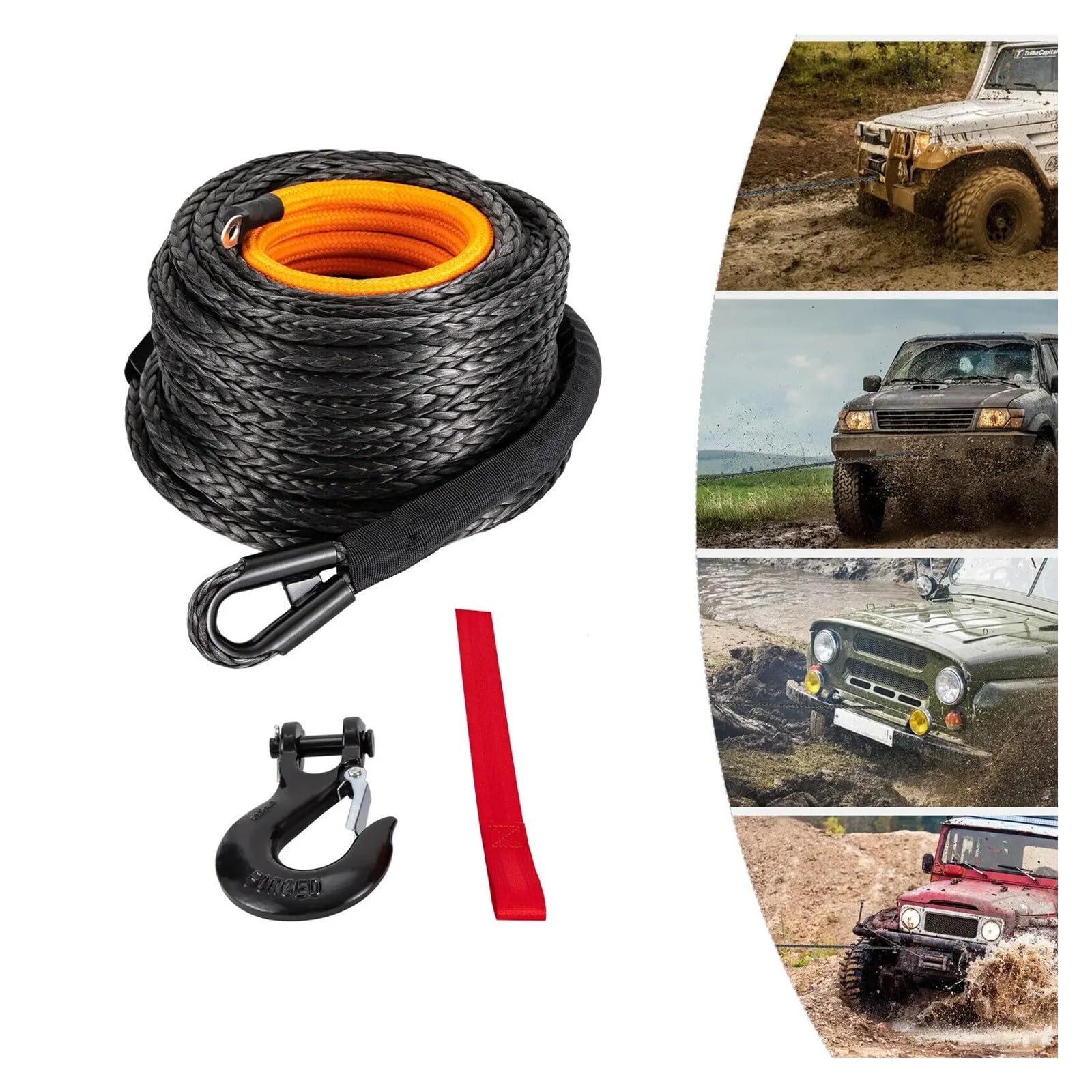 Zestaw syntetycznej wyciągarki samochodowej o udźwigu 31 500 funtów, 1/2 x 92 stopy, kabel holowniczy z hakiem do holowania samochodów i quadów Duża pojemność
