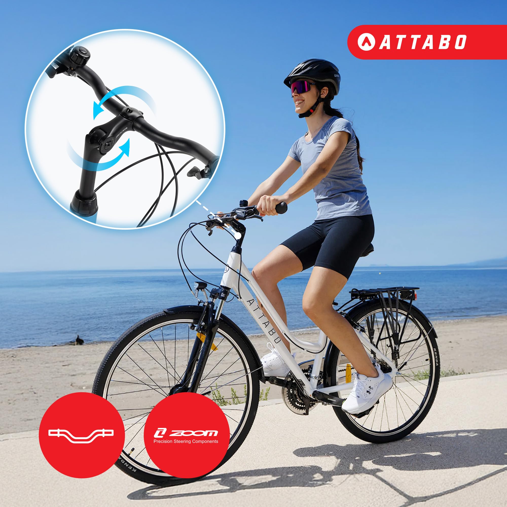 ATTABO Bicicletta da trekking da donna con telaio da 17"|19" Bici Donna con Manubrio ergonomico Bici Trekking con ruote da 28" con portapacchi posteriore Campanello catarifrangenti Bianco|Blu