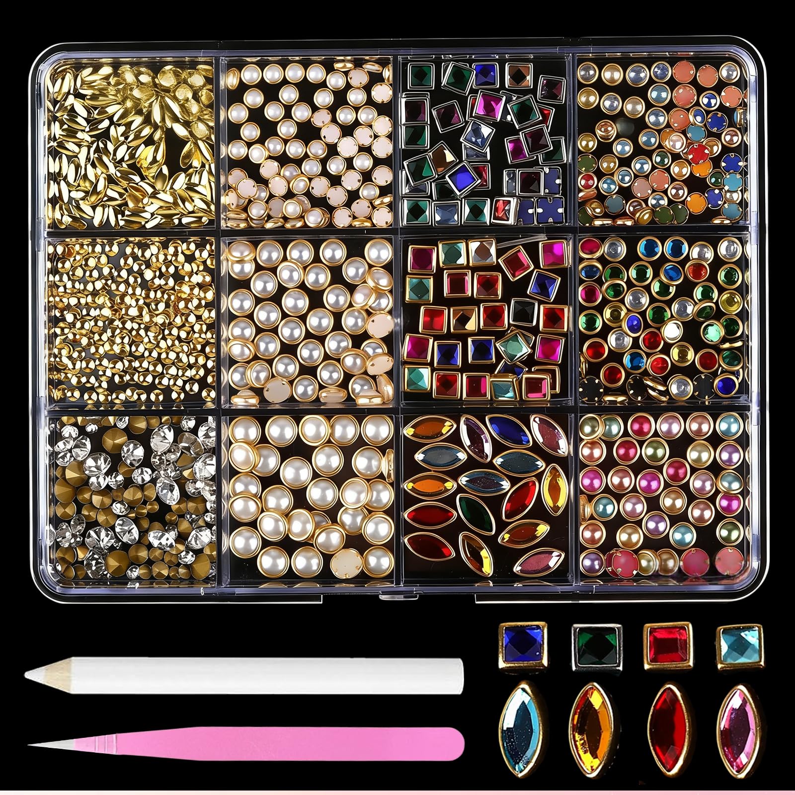 Set di ciondoli e pietre preziose 3D per nail art, 12 scomparti, in acrilico e metallo, con perle, strass e catene, accessori per unghie di lusso per manicure professionale fai da te