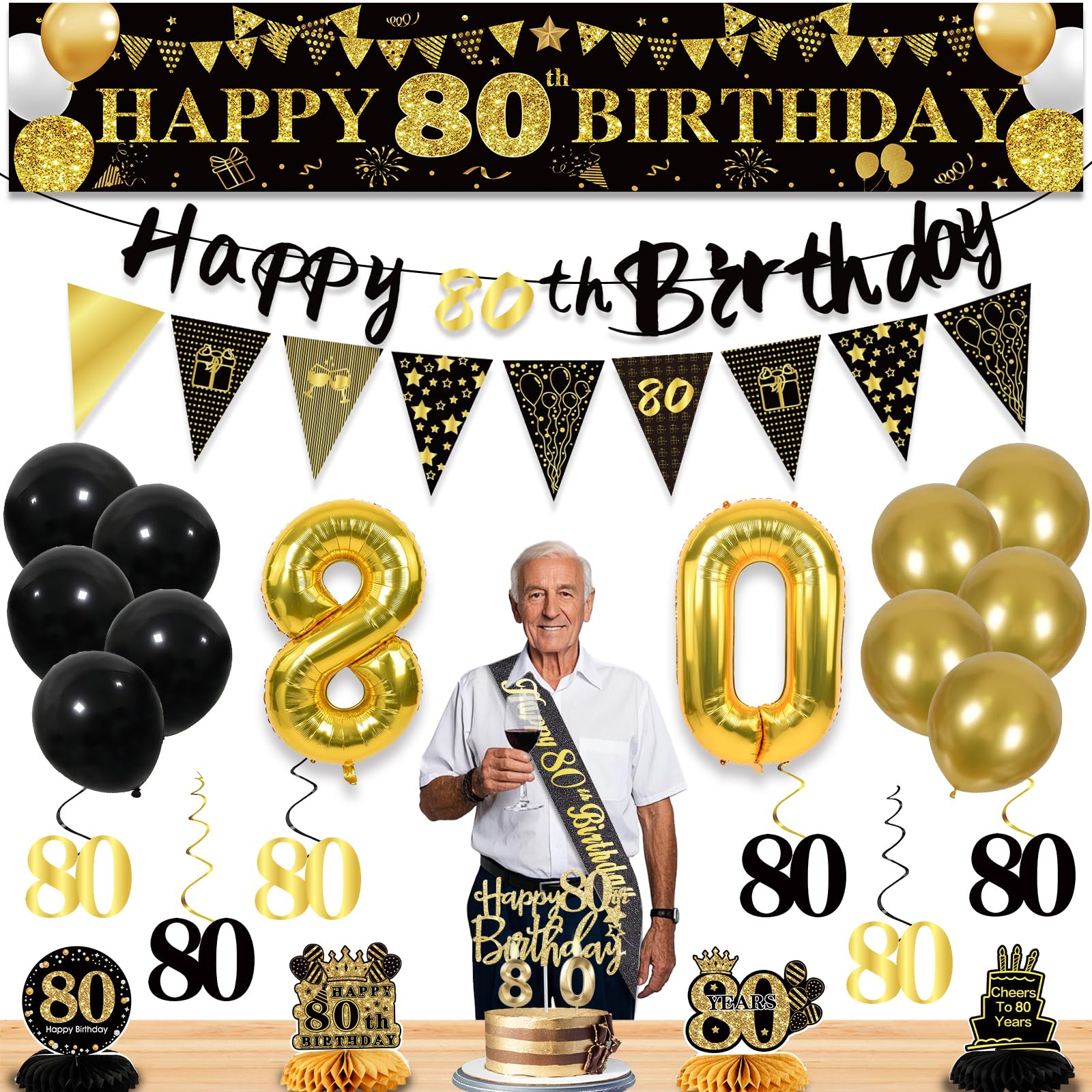80th Birthday Decorations for Men, Black Gold 80th Party Decorations — image 1
