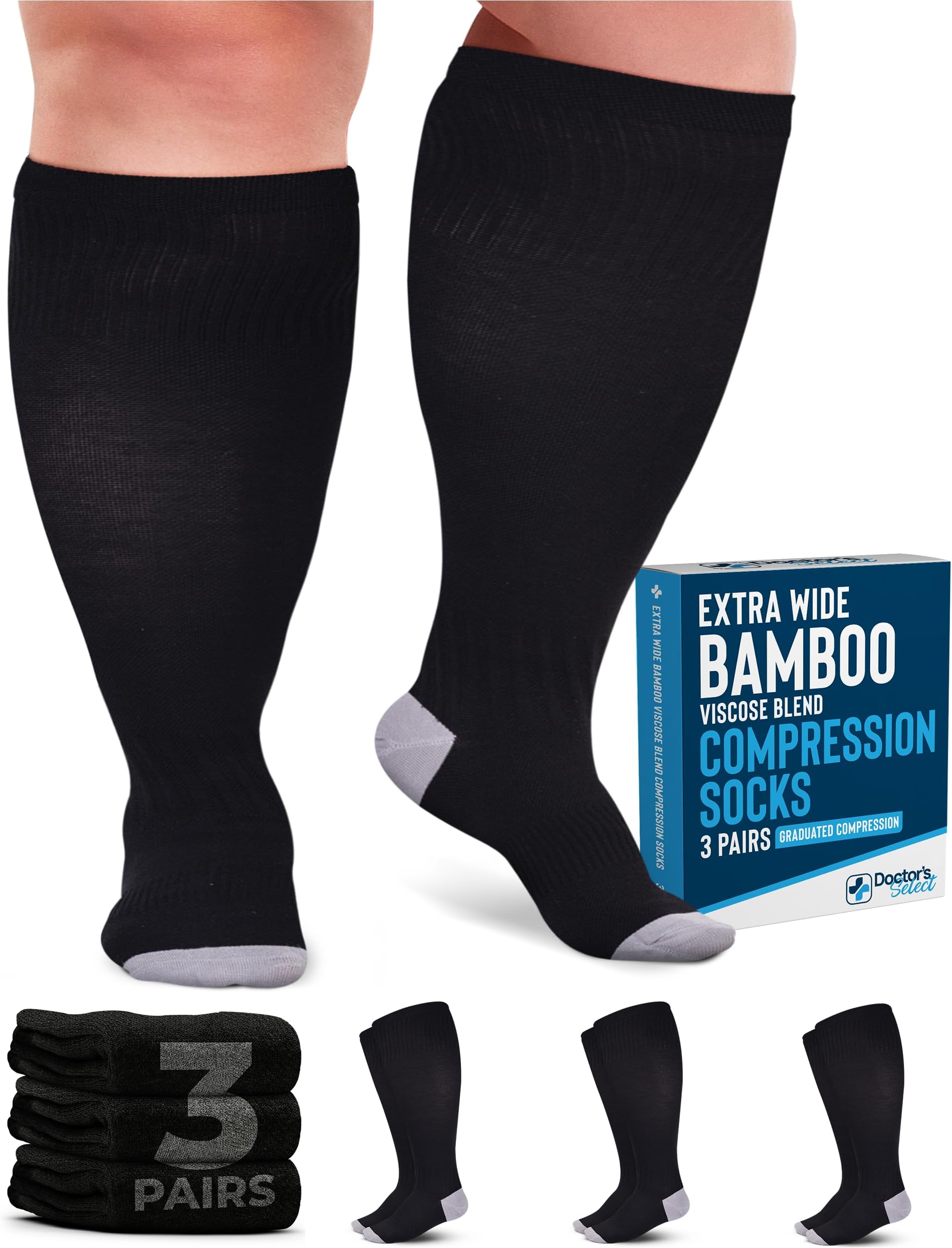 3 Pairs Plus Size Compression Socks Wide Calf | Bamboo Viscose Knee High Extra Wide Calf Compression Socks Women & Men | Black