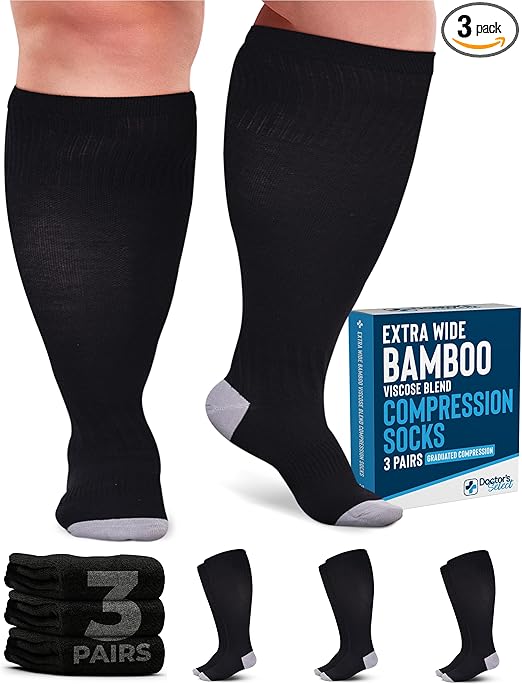 Doctor's Select 3 Pairs Plus Size Compression Socks Wide Calf | Bamboo Viscose Knee High Extra Wide Calf Compression Socks Women & Men | Black